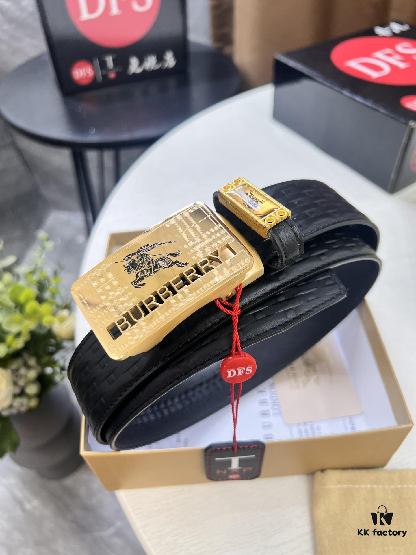 Burberry Equestrian Automatic Buckle Belt, Genuine Full-Grain Calfskin, 3.5cm Width, Top-Quality Business Formal Belt with Polished Stainless Steel Hardware