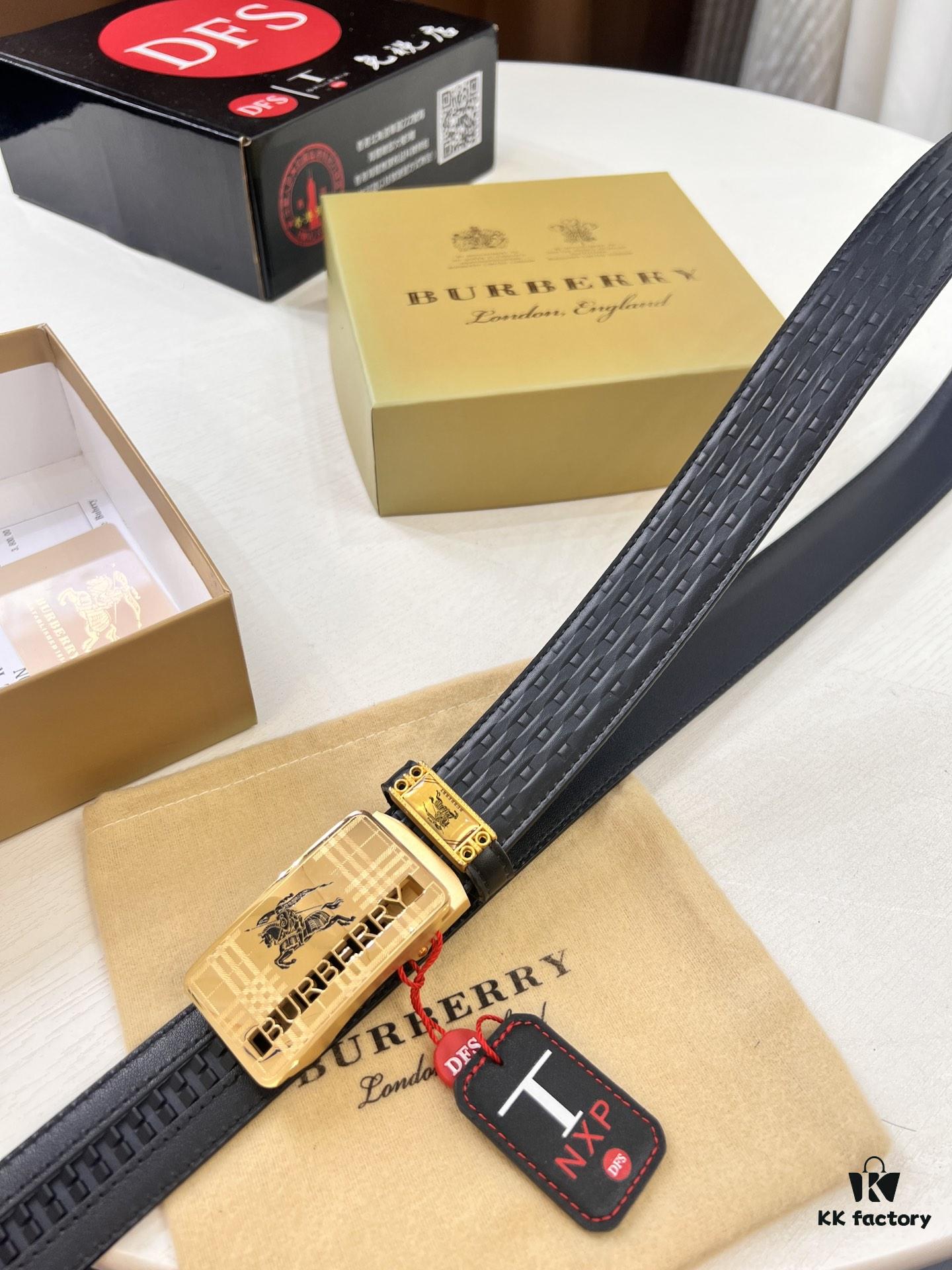 Burberry Equestrian Automatic Buckle Belt, Genuine Full-Grain Calfskin, 3.5cm Width, Top-Quality Business Formal Belt with Polished Stainless Steel Hardware