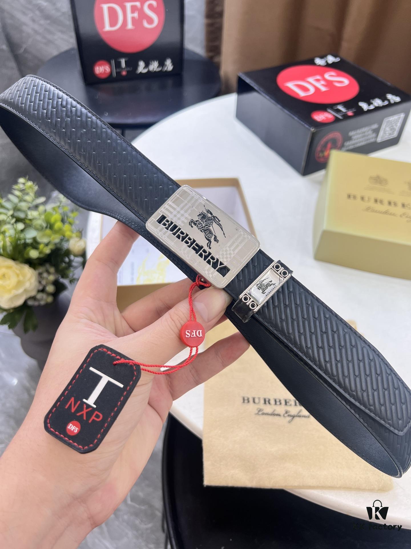 Burberry Equestrian Automatic Buckle Leather Belt, Newest Design, Full-Grain Cowhide with Original Factory Embossing, 3.5 cm Width, Top-Quality Business Formal Belt