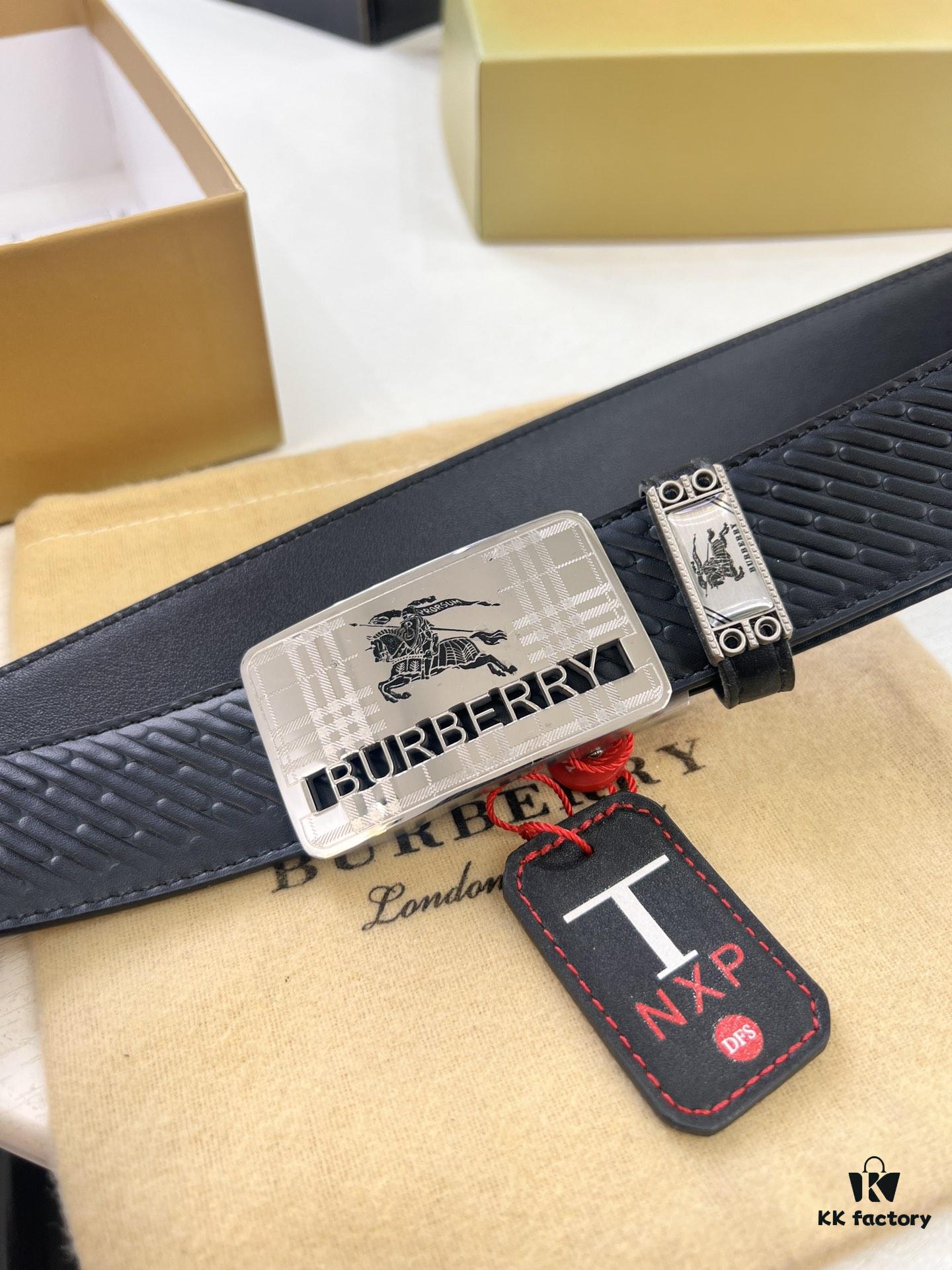 Burberry Equestrian Automatic Buckle Leather Belt, Newest Design, Full-Grain Cowhide with Original Factory Embossing, 3.5 cm Width, Top-Quality Business Formal Belt