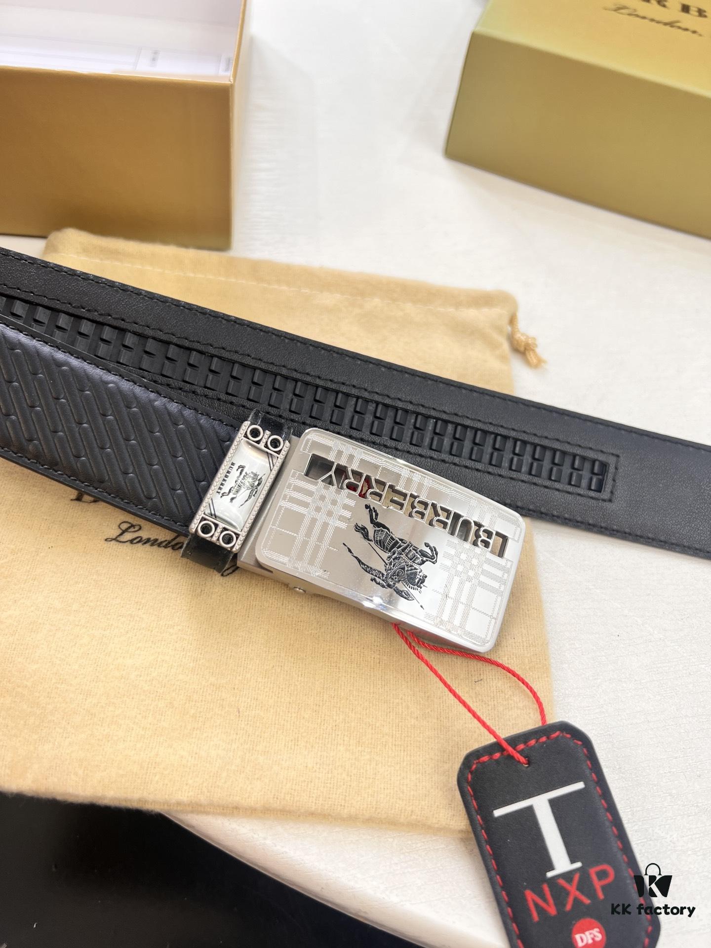 Burberry Equestrian Automatic Buckle Leather Belt, Newest Design, Full-Grain Cowhide with Original Factory Embossing, 3.5 cm Width, Top-Quality Business Formal Belt