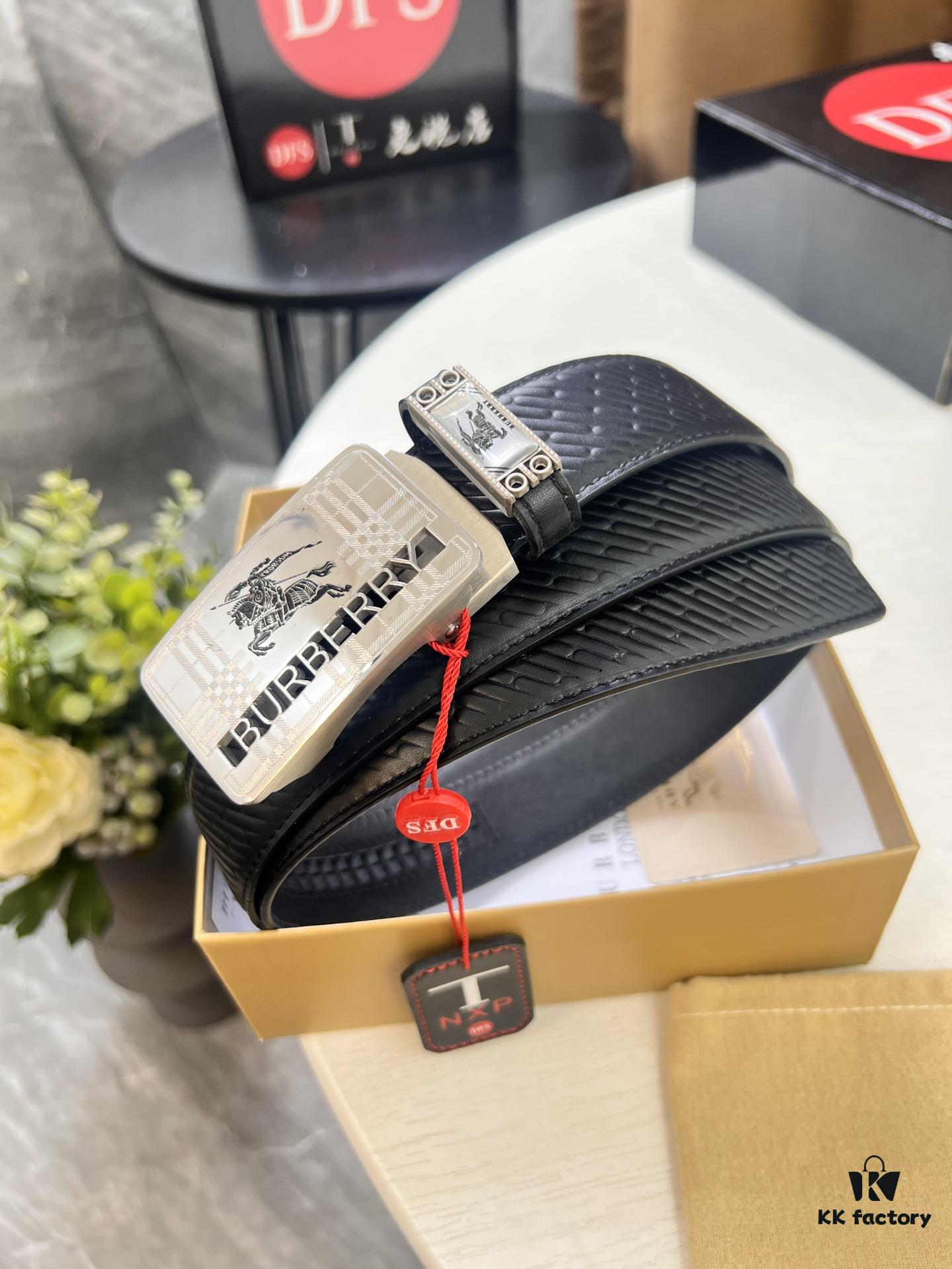 Burberry Equestrian Automatic Buckle Leather Belt, Newest Design, Full-Grain Cowhide with Original Factory Embossing, 3.5 cm Width, Top-Quality Business Formal Belt