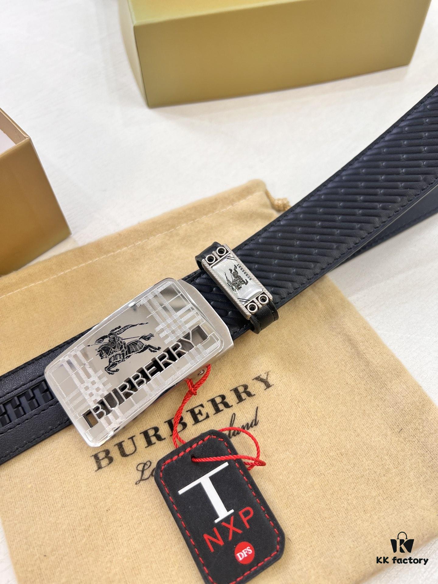 Burberry Equestrian Automatic Buckle Leather Belt, Newest Design, Full-Grain Cowhide with Original Factory Embossing, 3.5 cm Width, Top-Quality Business Formal Belt