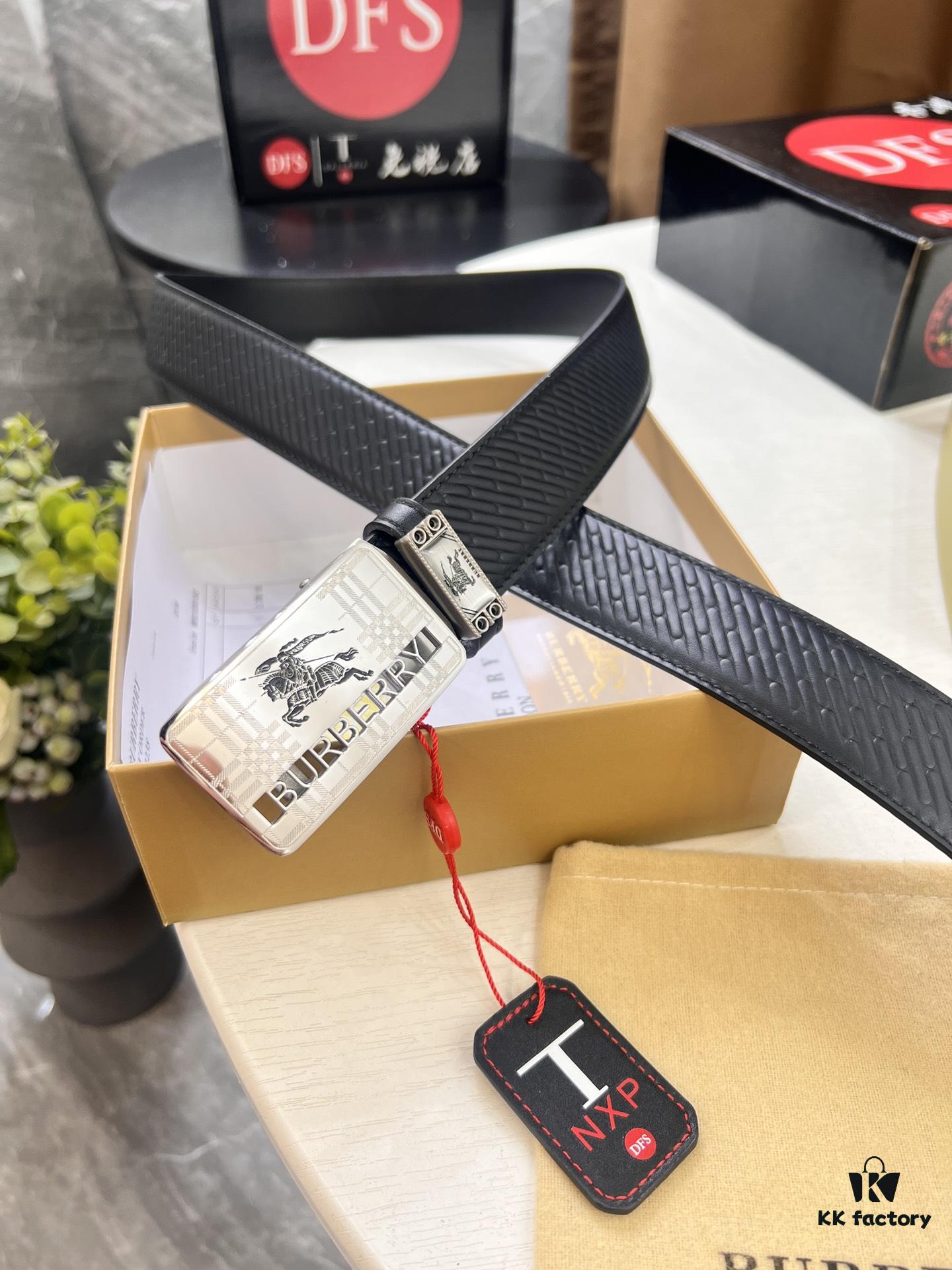 Burberry Equestrian Automatic Buckle Leather Belt, Newest Design, Full-Grain Cowhide with Original Factory Embossing, 3.5 cm Width, Top-Quality Business Formal Belt