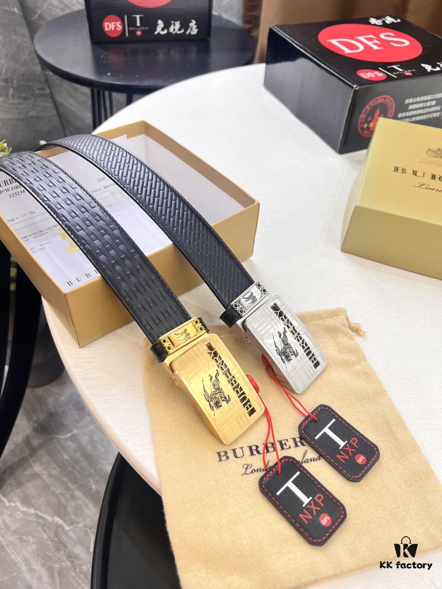 Burberry Equestrian Automatic Buckle Leather Belt, Newest Design, Full-Grain Cowhide with Original Factory Embossing, 3.5 cm Width, Top-Quality Business Formal Belt