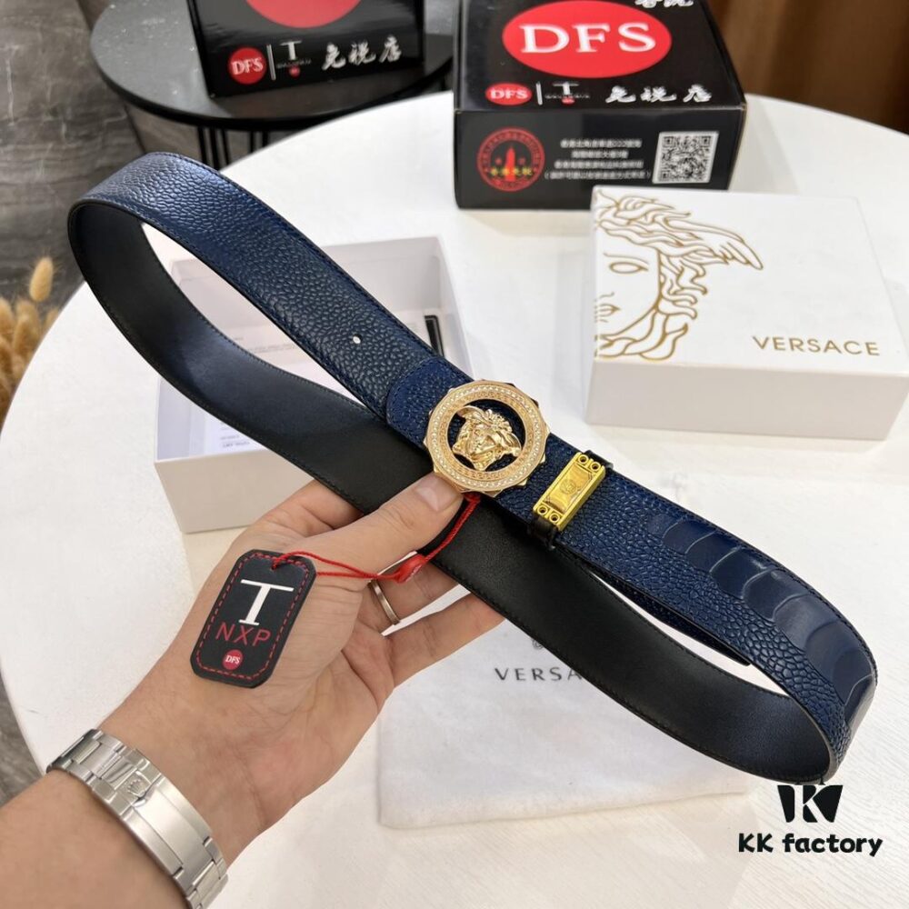 Versace Medusa Belt - Original Factory Direct, Italian Imported Ostrich Leather, 3.8cm Width, Premium Duty-Free Quality