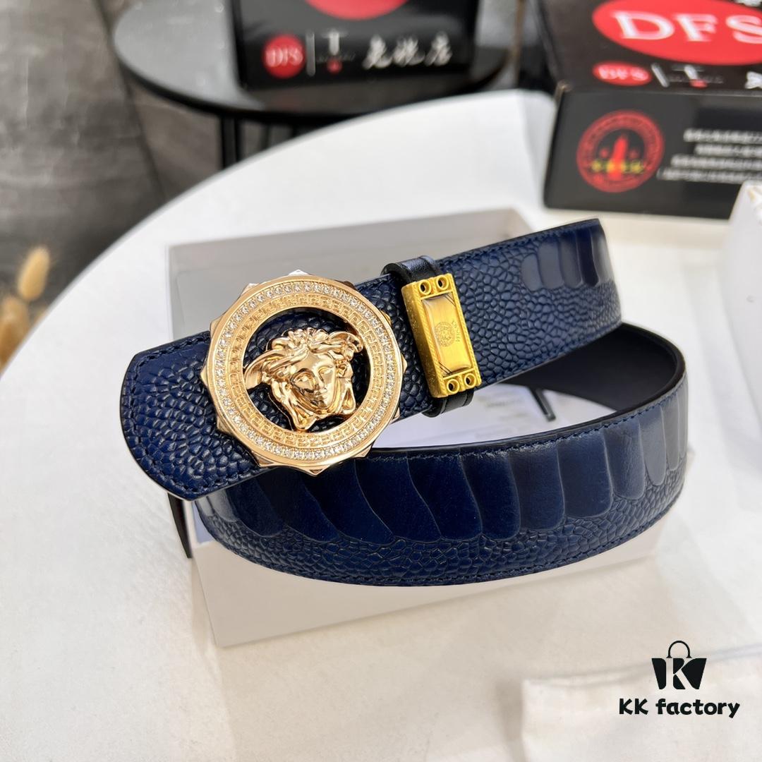 Versace Medusa Belt - Original Factory Direct, Italian Imported Ostrich Leather, 3.8cm Width, Premium Duty-Free Quality