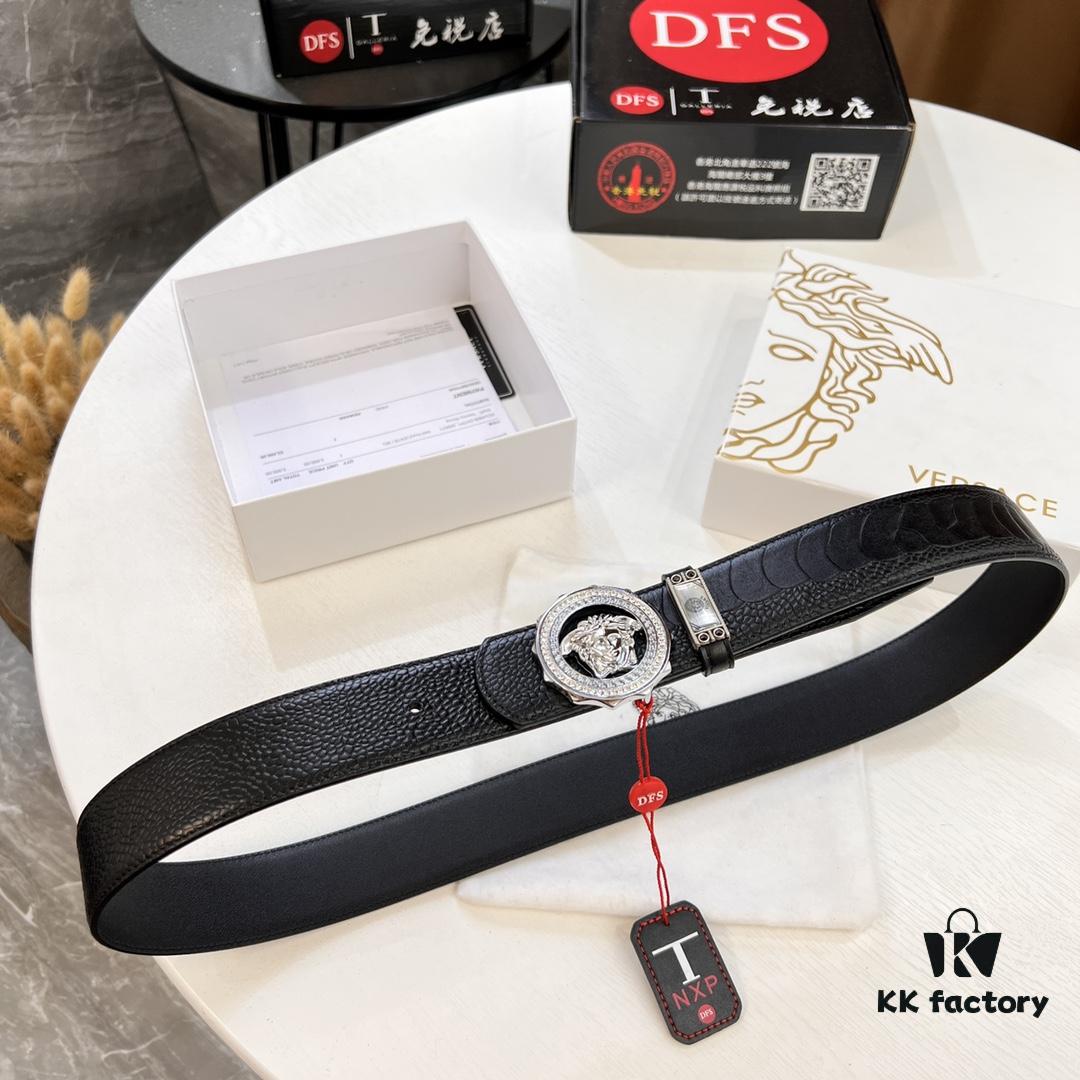Versace Genuine Steel Hardware Luxury Belt - Original Single Order, Italian Imported Ostrich Foot Texture Top Layer Leather, 3.8cm Width, Hong Kong Duty-Free T Gift Box (NXP RFID Tag Verifiable on Official Website, Authentic Anti-Counterfeit Chip)