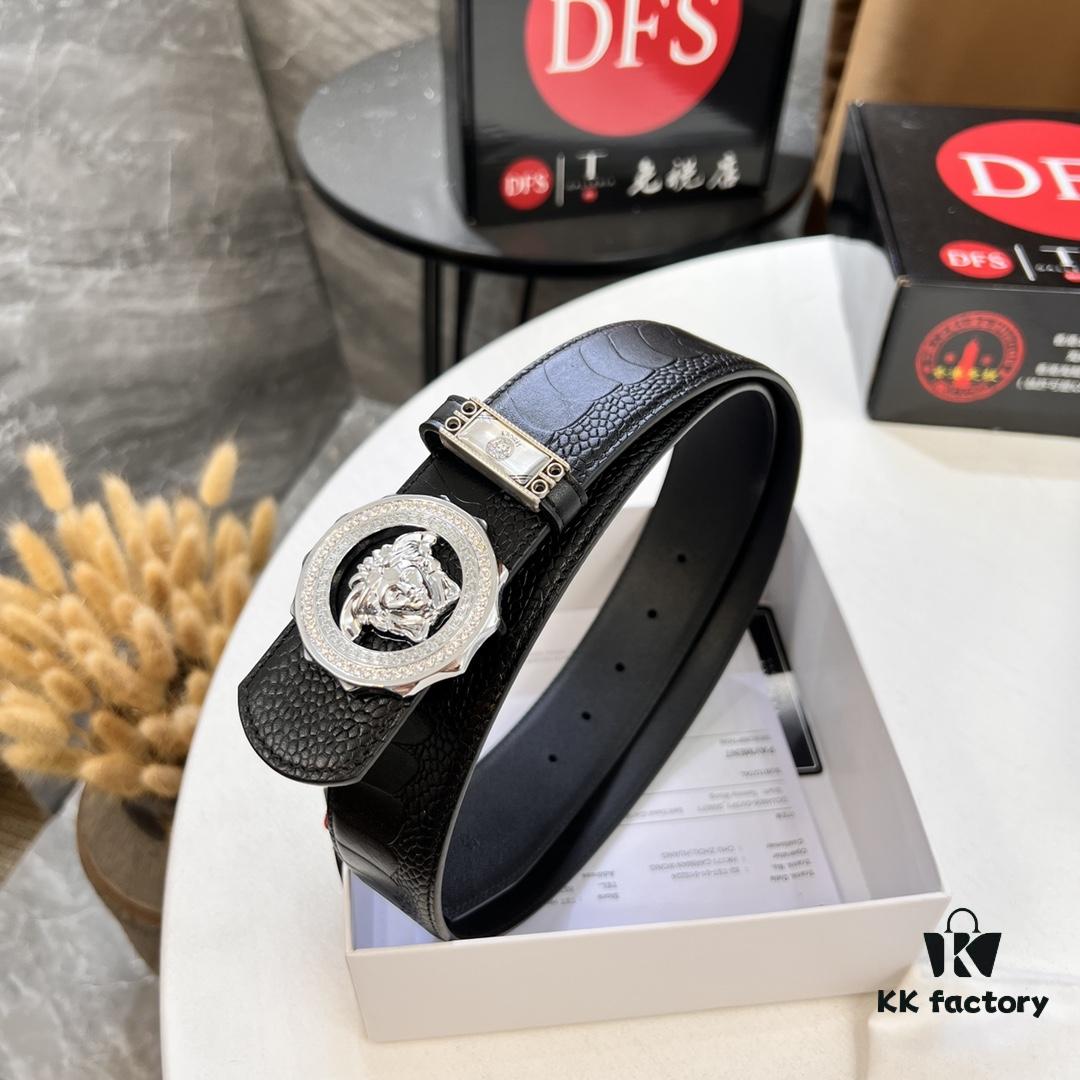 Versace Genuine Steel Hardware Luxury Belt - Original Single Order, Italian Imported Ostrich Foot Texture Top Layer Leather, 3.8cm Width, Hong Kong Duty-Free T Gift Box (NXP RFID Tag Verifiable on Official Website, Authentic Anti-Counterfeit Chip)