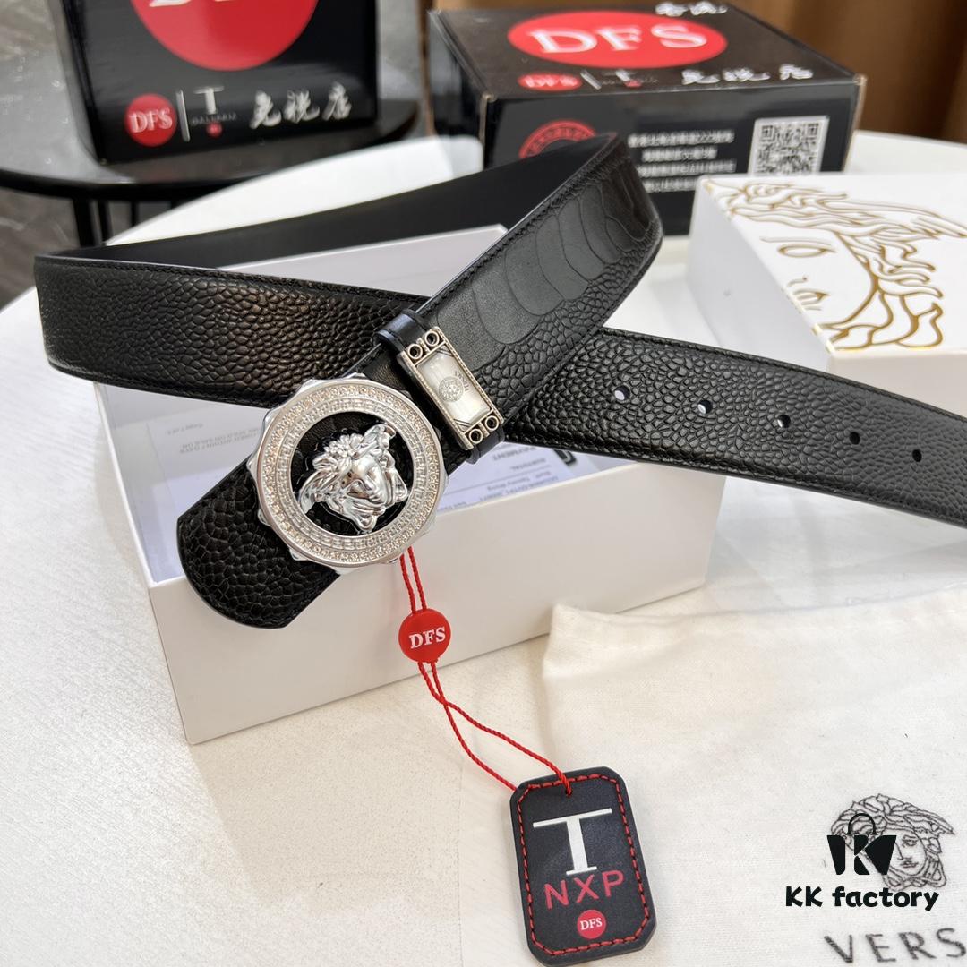 Versace Genuine Steel Hardware Luxury Belt - Original Single Order, Italian Imported Ostrich Foot Texture Top Layer Leather, 3.8cm Width, Hong Kong Duty-Free T Gift Box (NXP RFID Tag Verifiable on Official Website, Authentic Anti-Counterfeit Chip)