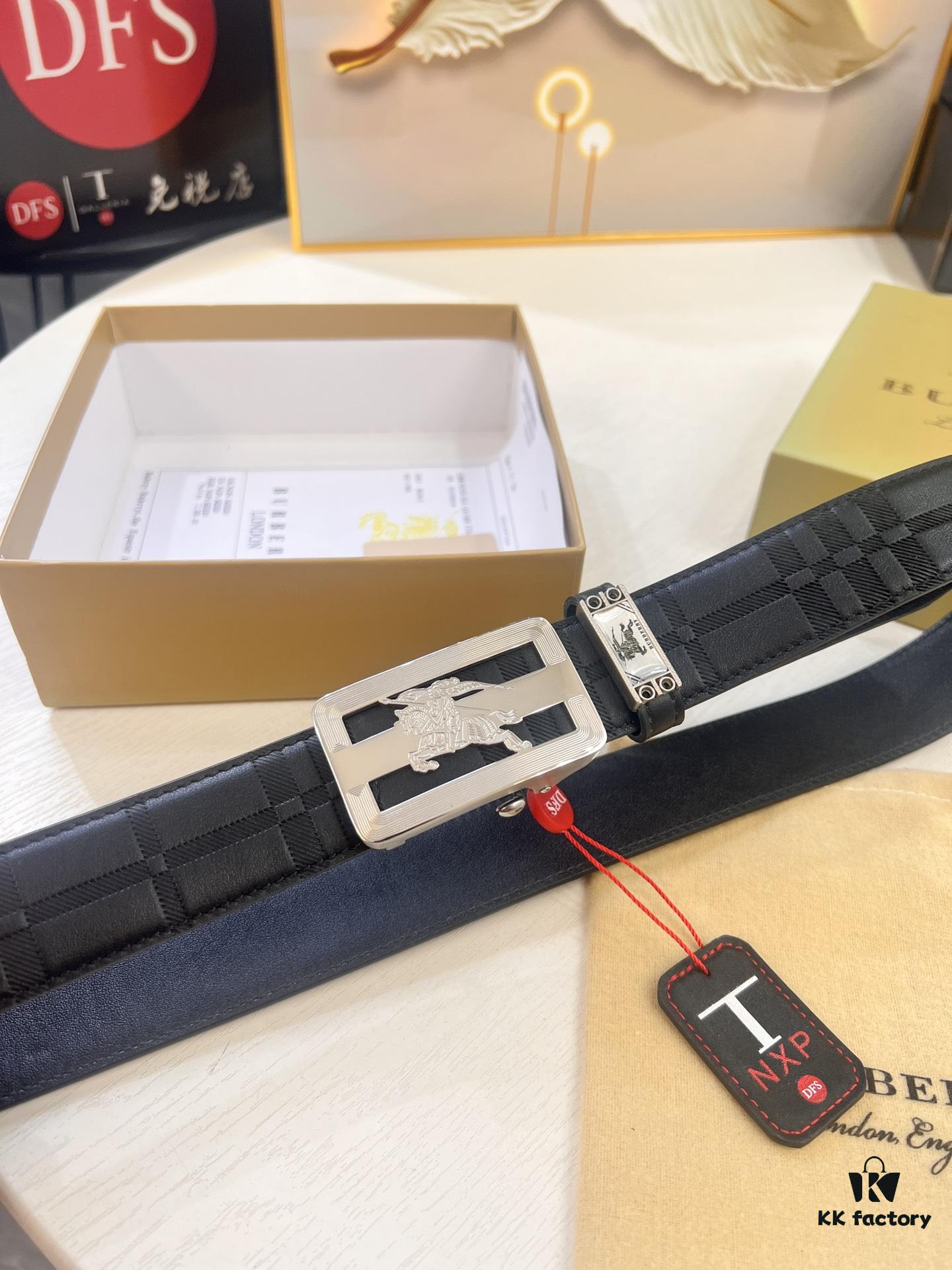 Burberry Automatic Buckle Belt, Genuine Top-Layer Calfskin, 3.5cm Width, Polished Stainless Steel Hardware, Slide-Adjustment Design