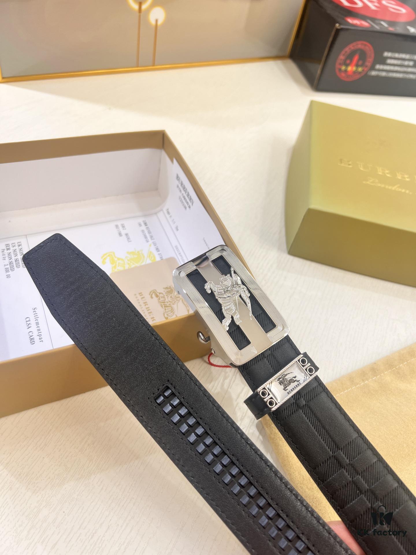 Burberry Automatic Buckle Belt, Genuine Top-Layer Calfskin, 3.5cm Width, Polished Stainless Steel Hardware, Slide-Adjustment Design