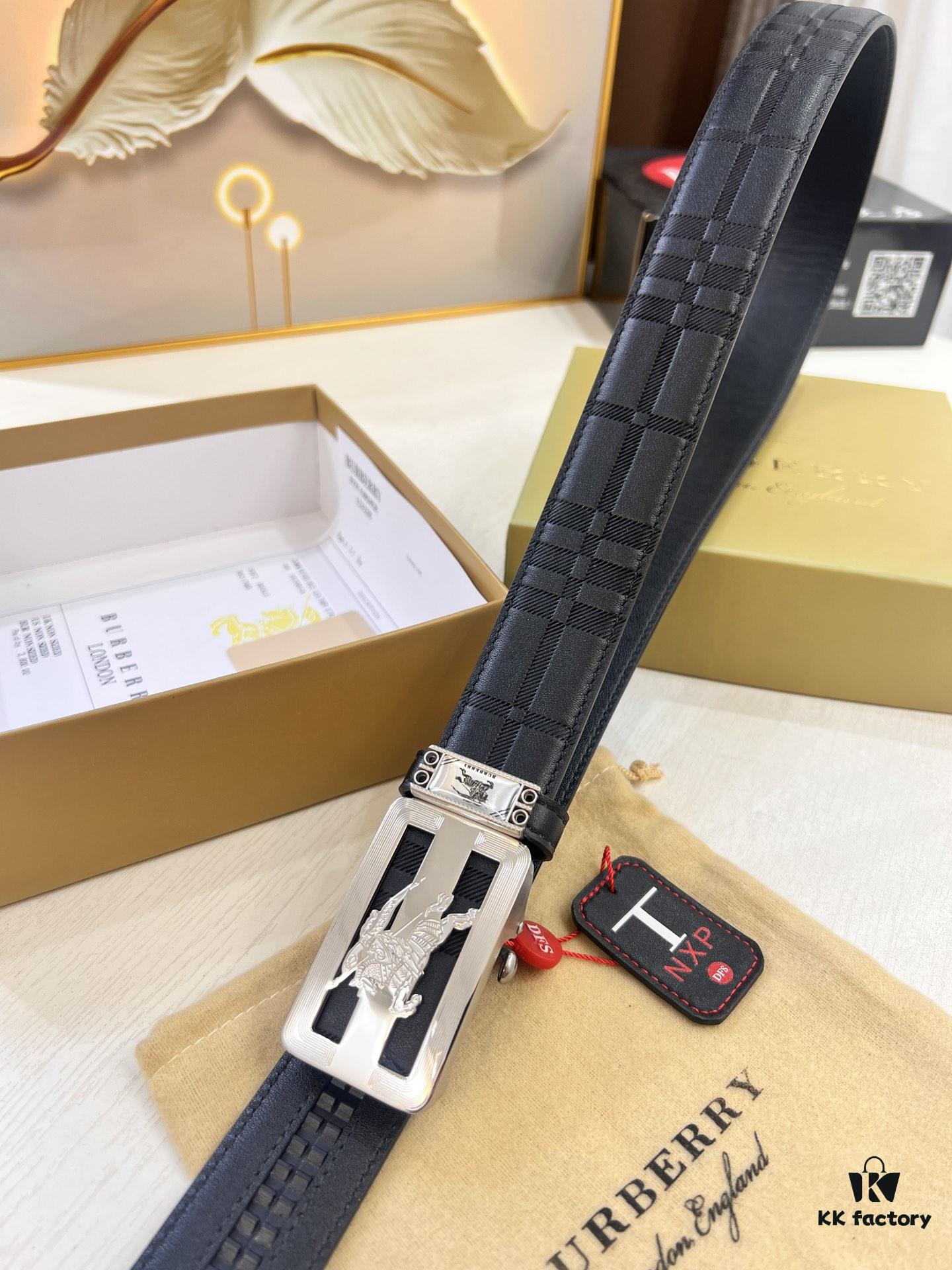 Burberry Automatic Buckle Belt, Genuine Top-Layer Calfskin, 3.5cm Width, Polished Stainless Steel Hardware, Slide-Adjustment Design