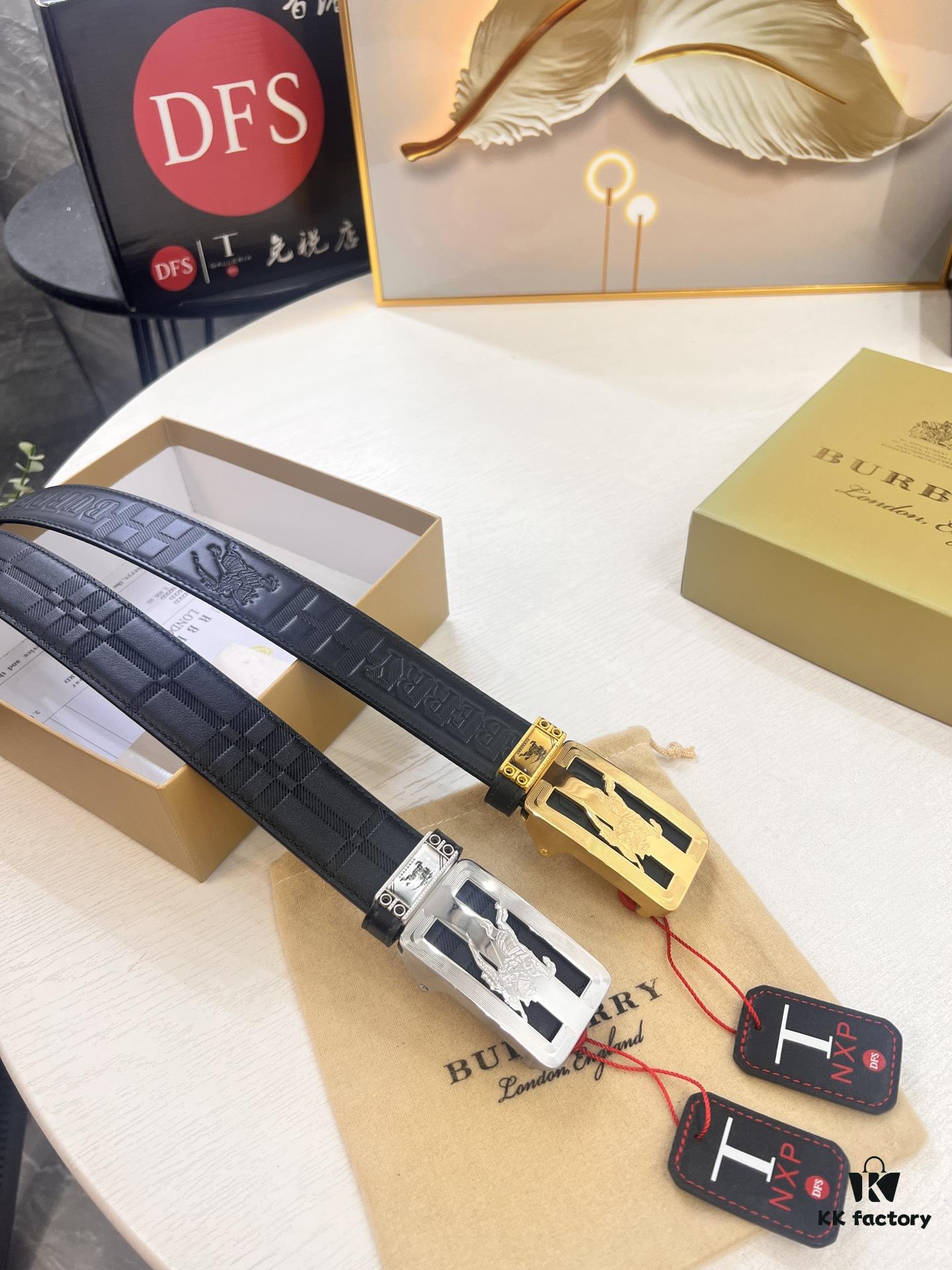 Burberry Automatic Buckle Belt, Genuine Top-Layer Calfskin, 3.5cm Width, Polished Stainless Steel Hardware, Slide-Adjustment Design