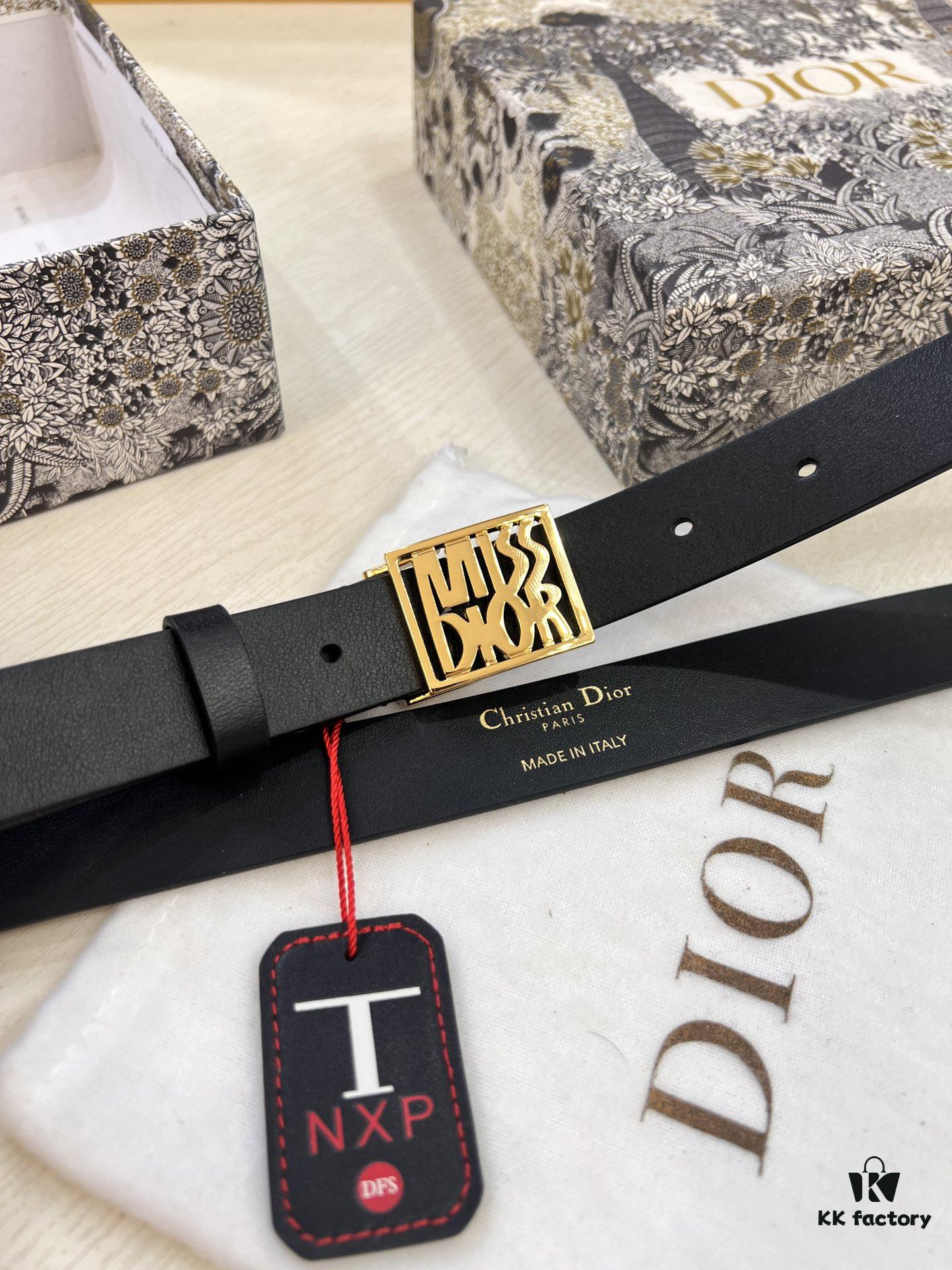 Dior Women's Leather Belt, Imported French Leather, 3.0cm Width, High-Ion Plated Stainless Steel Buckle, Anti-Counterfeit Chip Verified