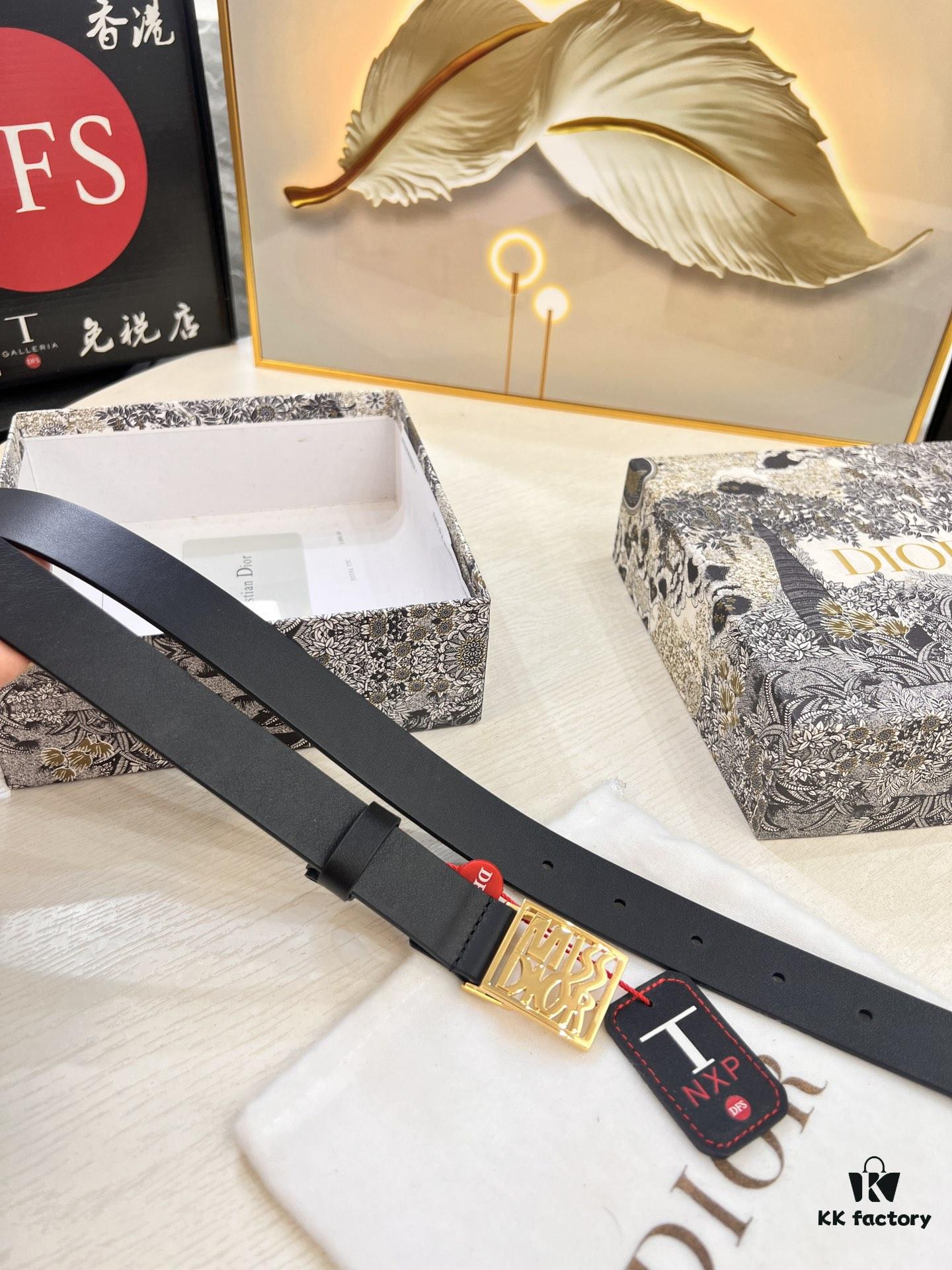 Dior Women's Leather Belt, Imported French Leather, 3.0cm Width, High-Ion Plated Stainless Steel Buckle, Anti-Counterfeit Chip Verified