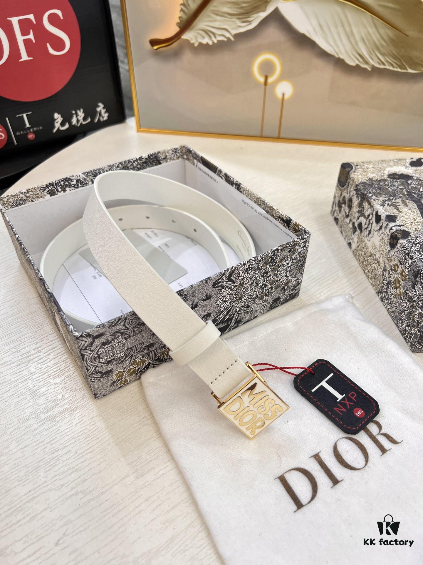 Dior Women's Leather Belt, Imported French Leather, 3.0cm Width, High-Ion Plated Stainless Steel Buckle, Anti-Counterfeit Chip Verified