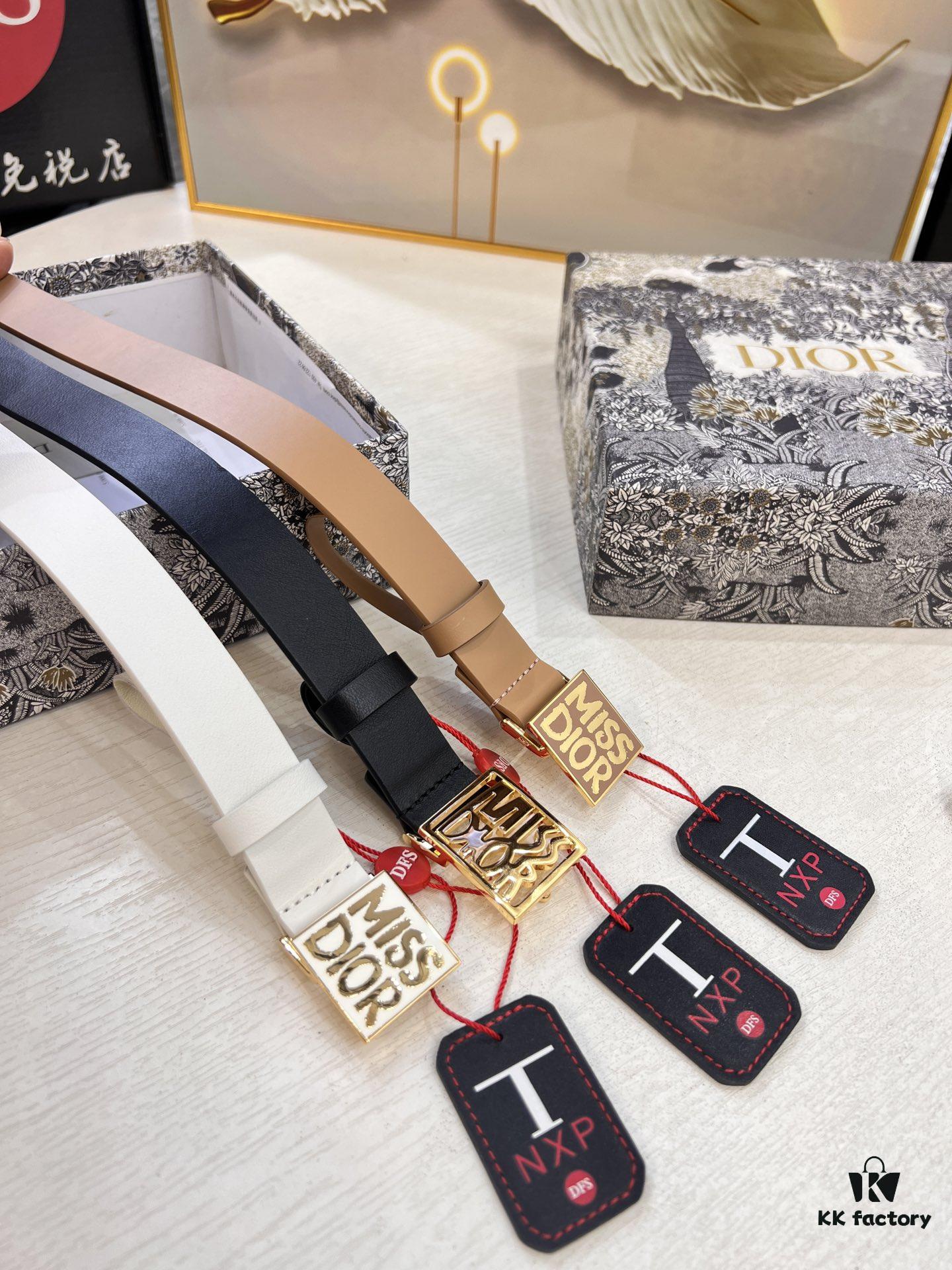 Dior Women's Leather Belt, Imported French Leather, 3.0cm Width, High-Ion Plated Stainless Steel Buckle, Anti-Counterfeit Chip Verified