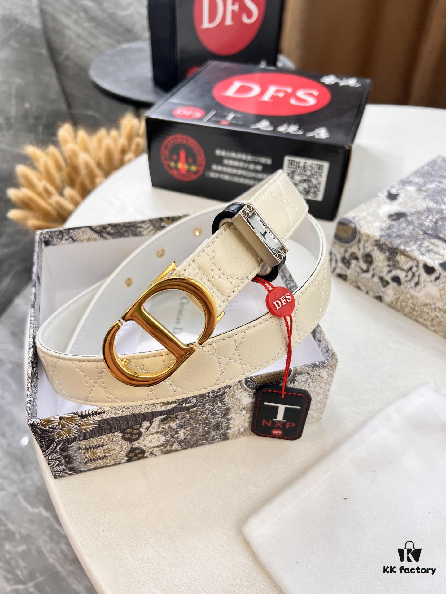 Dior Women's Leather Belt, Imported French Top-Grade Genuine Leather, 3.0cm Width, High-Polish Stainless Steel Hardware, Hypoallergenic High-Ion Plating, Authentic Official Anti-Counterfeit Chip (NXP Tag Recognizable on Website), Duty-Free Hong Kong Gift Box Included