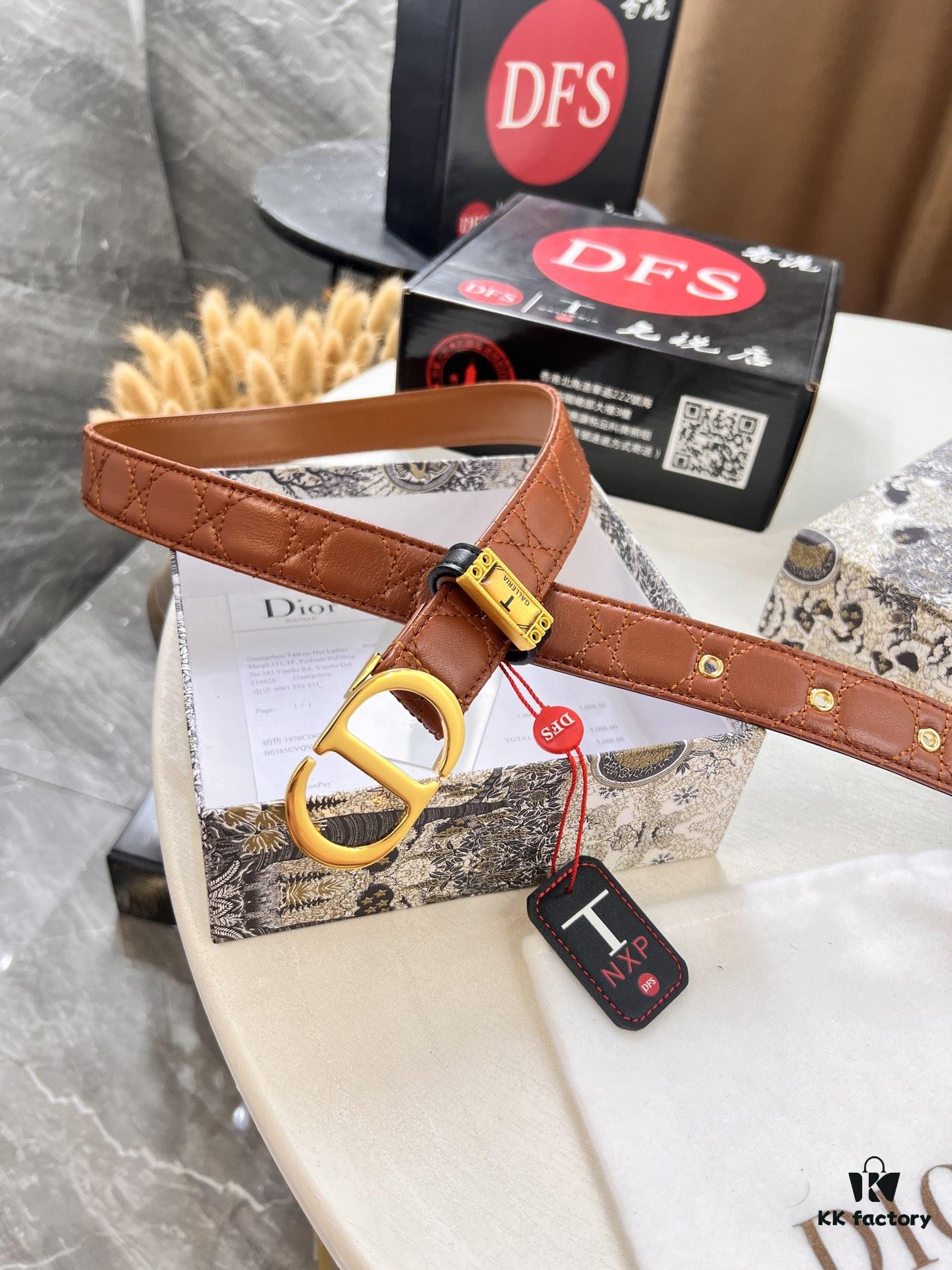 Dior Women's Leather Belt, Imported French Top-Grade Genuine Leather, 3.0cm Width, High-Polish Stainless Steel Hardware, Hypoallergenic High-Ion Plating, Authenticity Guaranteed