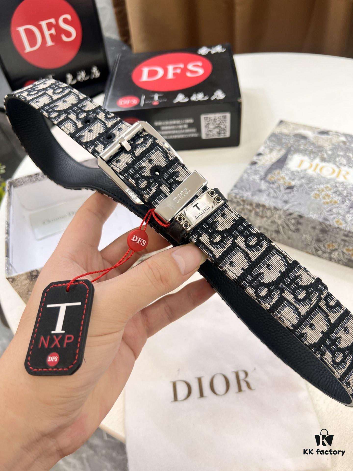 Dior Unisex Belt, Latest Couple's Style, Imported Embroidered Custom Fabric, Full-Grain Calfskin with Lychee Texture, ZP Synchronized Polished Buckle Hardware, 3.5cm Width