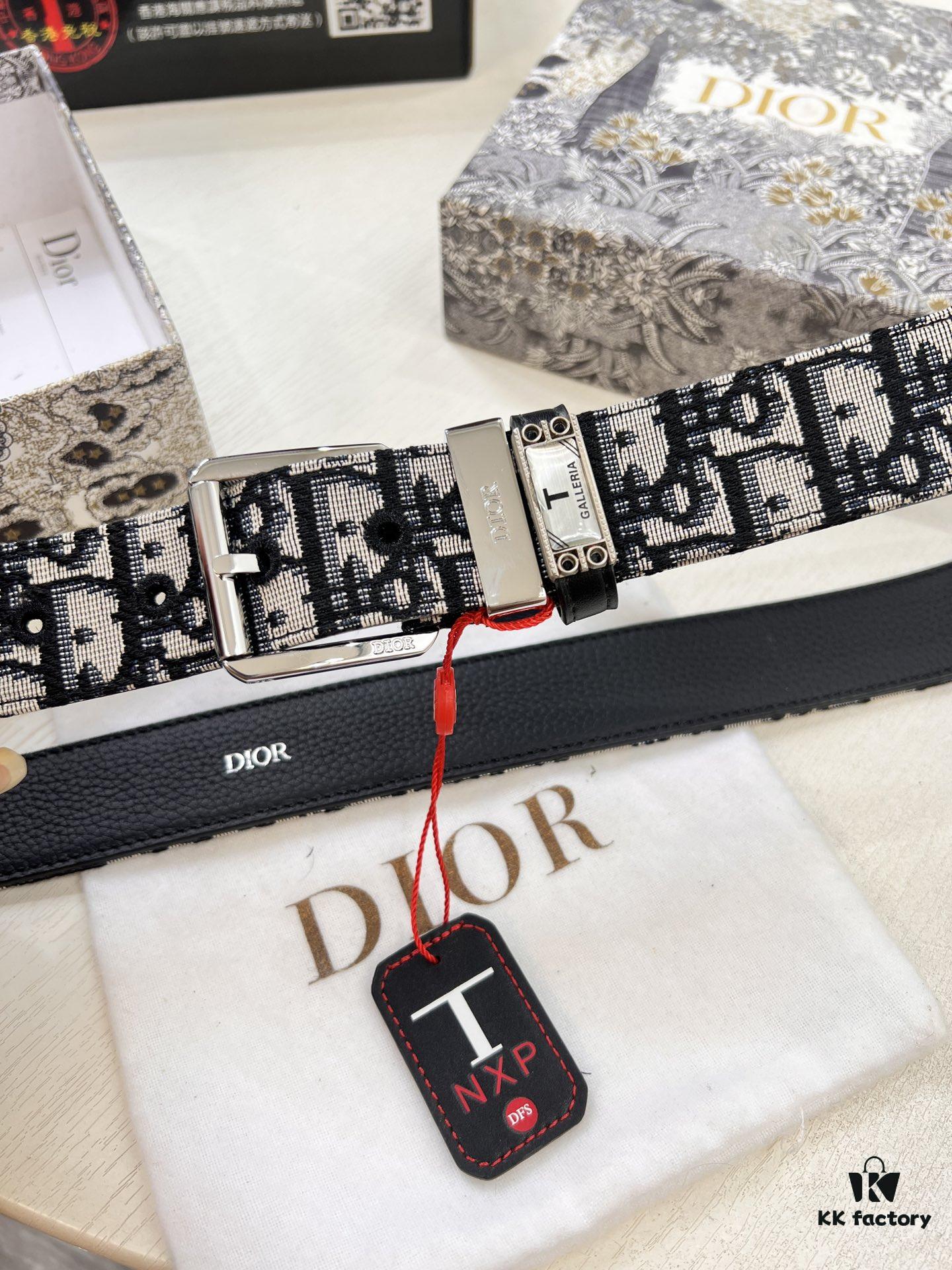 Dior Unisex Belt, Latest Couple's Style, Imported Embroidered Custom Fabric, Full-Grain Calfskin with Lychee Texture, ZP Synchronized Polished Buckle Hardware, 3.5cm Width