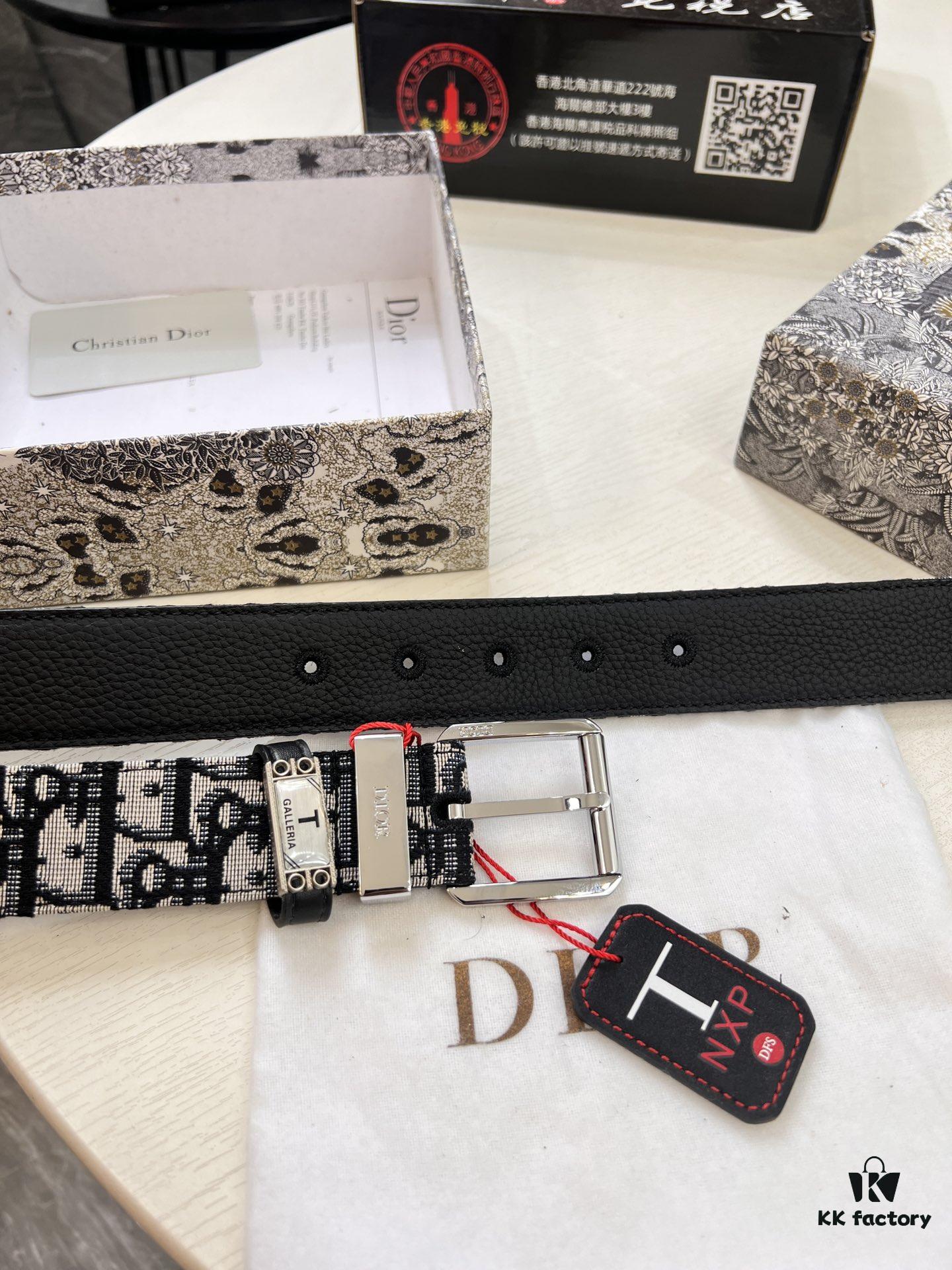 Dior Unisex Belt, Latest Couple's Style, Imported Embroidered Custom Fabric, Full-Grain Calfskin with Lychee Texture, ZP Synchronized Polished Buckle Hardware, 3.5cm Width