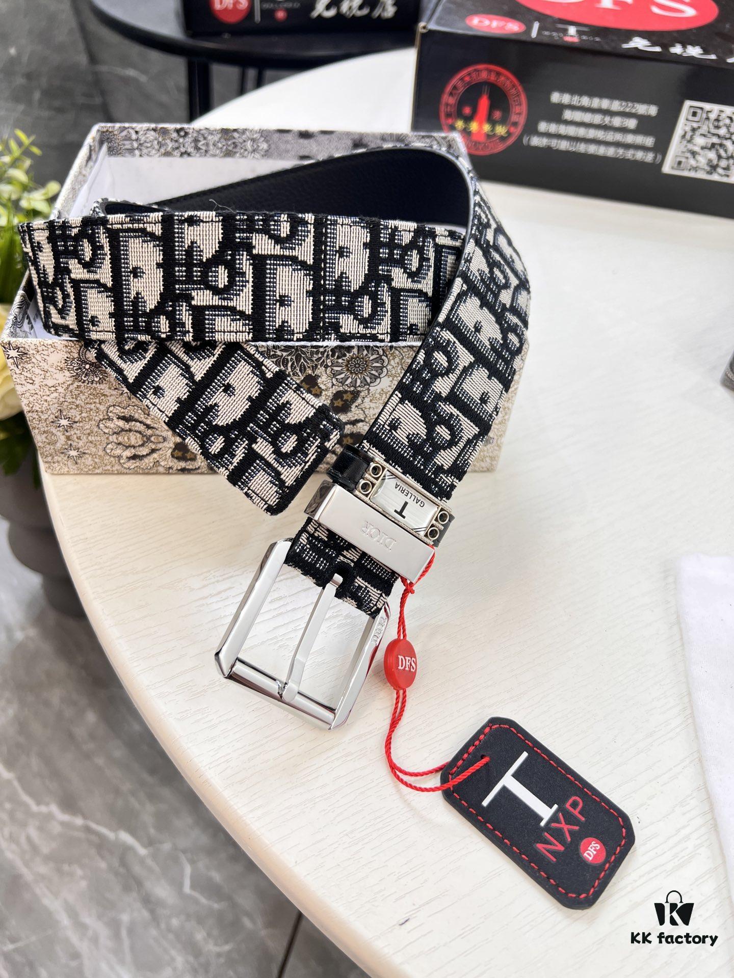Dior Unisex Belt, Latest Couple's Style, Imported Embroidered Custom Fabric, Full-Grain Calfskin with Lychee Texture, ZP Synchronized Polished Buckle Hardware, 3.5cm Width