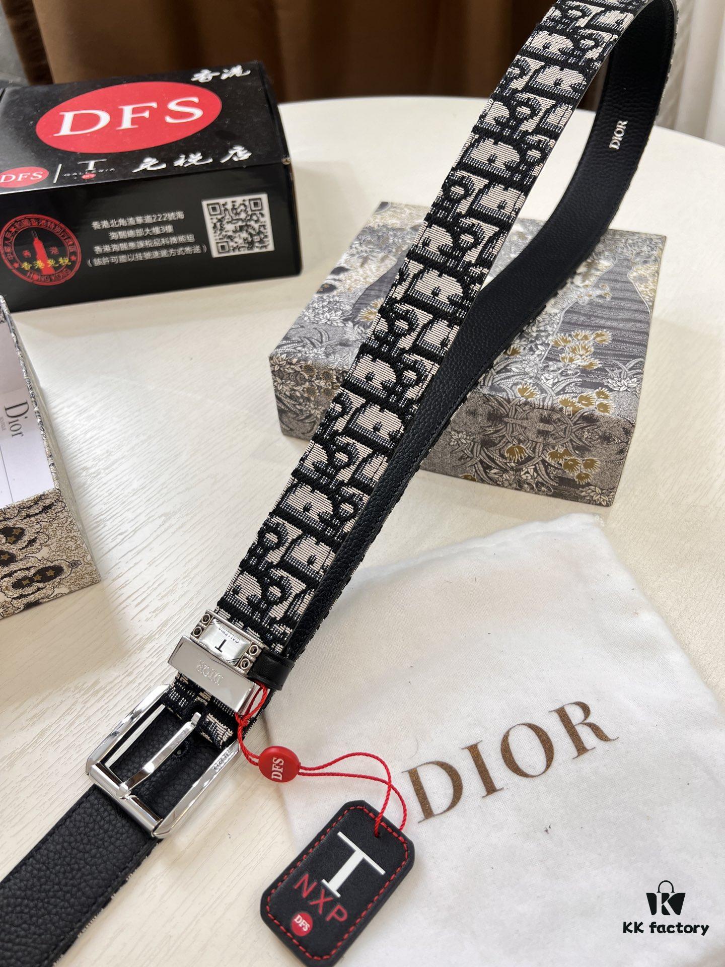 Dior Unisex Belt, Latest Couple's Style, Imported Embroidered Custom Fabric, Full-Grain Calfskin with Lychee Texture, ZP Synchronized Polished Buckle Hardware, 3.5cm Width