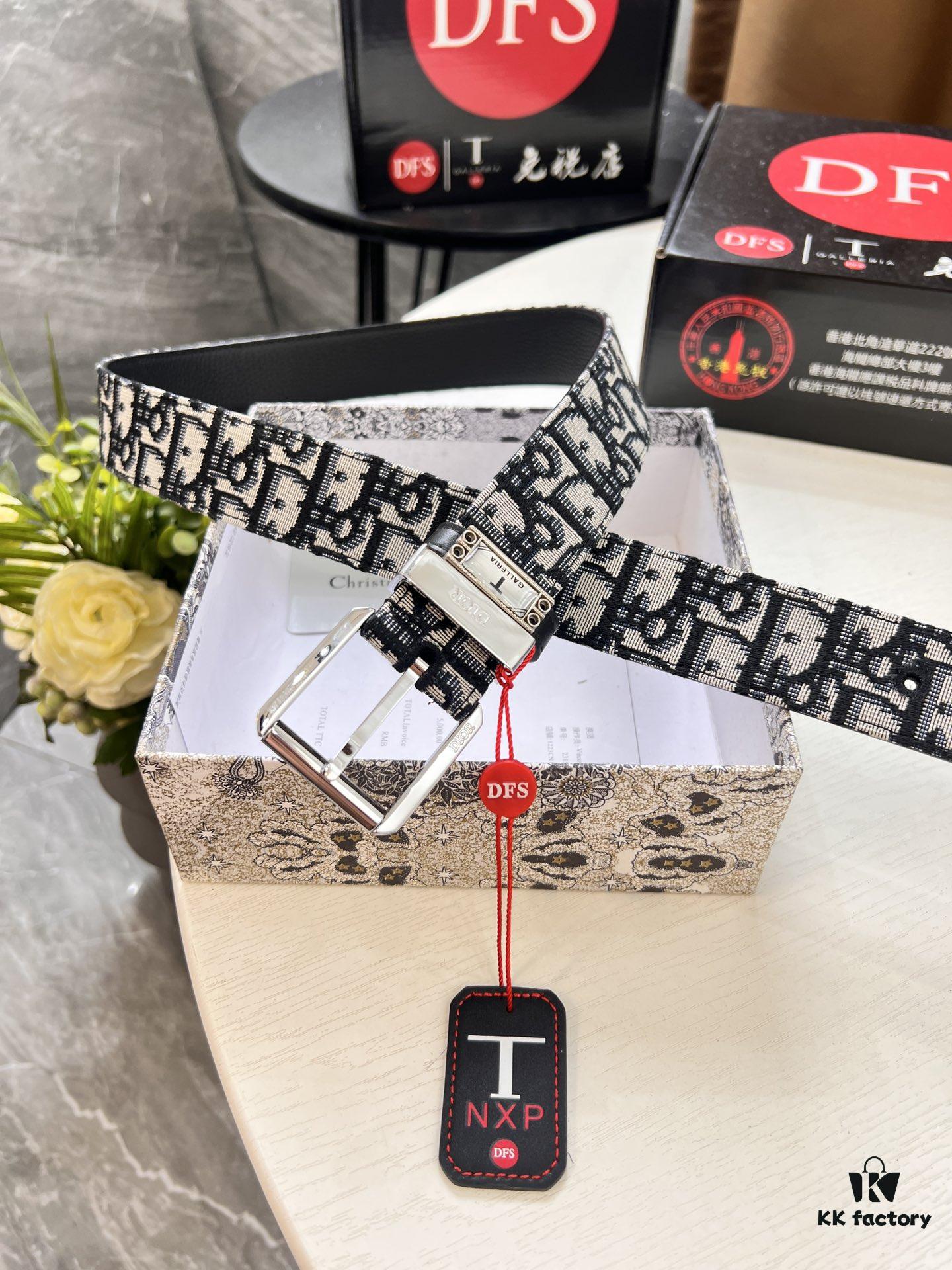 Dior Unisex Belt, Latest Couple's Style, Imported Embroidered Custom Fabric, Full-Grain Calfskin with Lychee Texture, ZP Synchronized Polished Buckle Hardware, 3.5cm Width