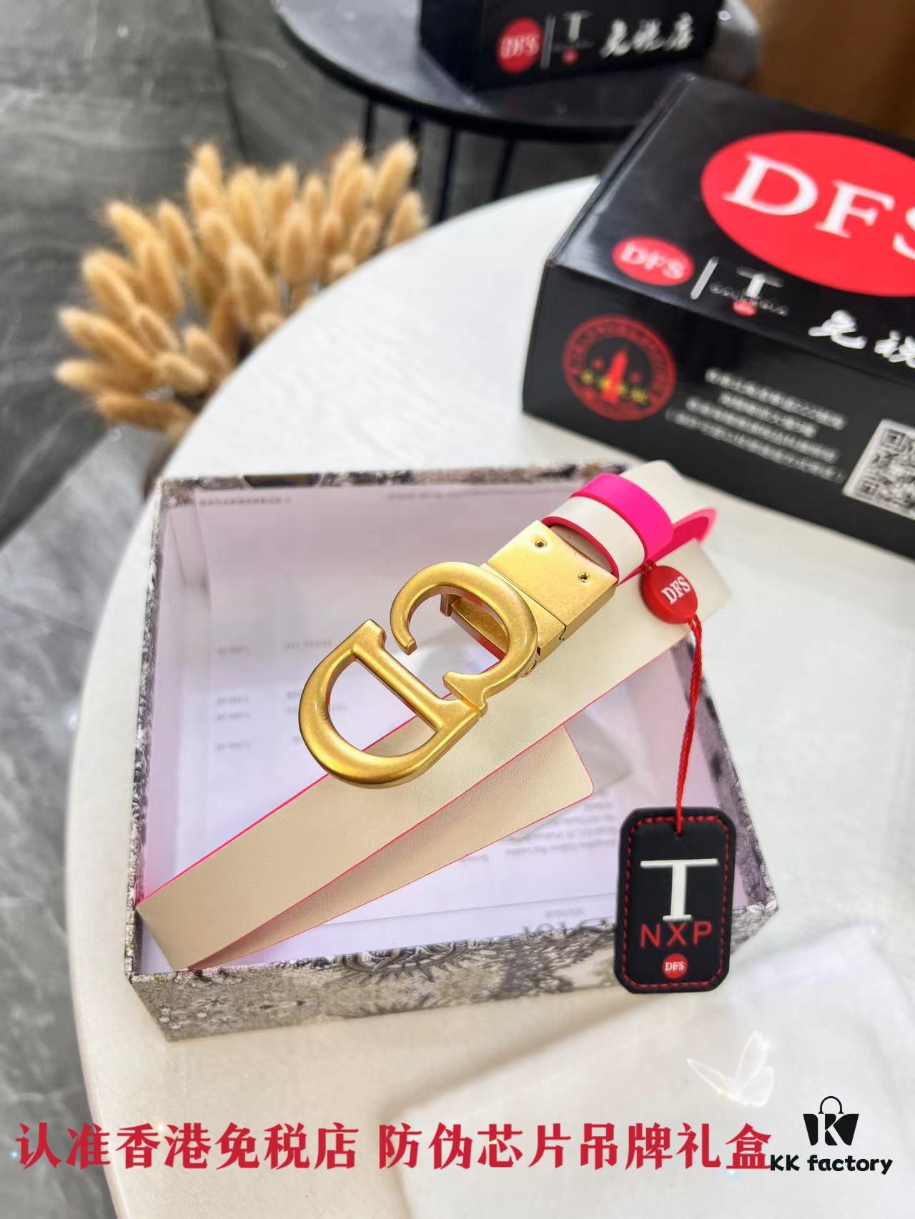 Dior Women's Leather Belt, Premium Original Hong Kong Duty-Free T Gift Box, Stainless Steel Buckle with NXP Anti-Counterfeit Chip, High-Ion Plating, 2.0 cm Width, Double-Sided Use, Imported French Leather