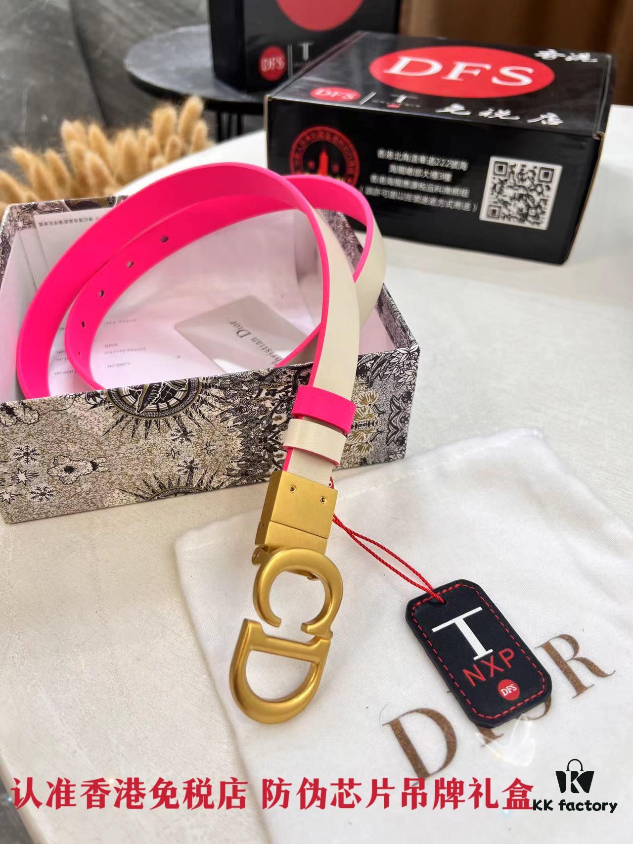 Dior Women's Leather Belt, Premium Original Hong Kong Duty-Free T Gift Box, Stainless Steel Buckle with NXP Anti-Counterfeit Chip, High-Ion Plating, 2.0 cm Width, Double-Sided Use, Imported French Leather