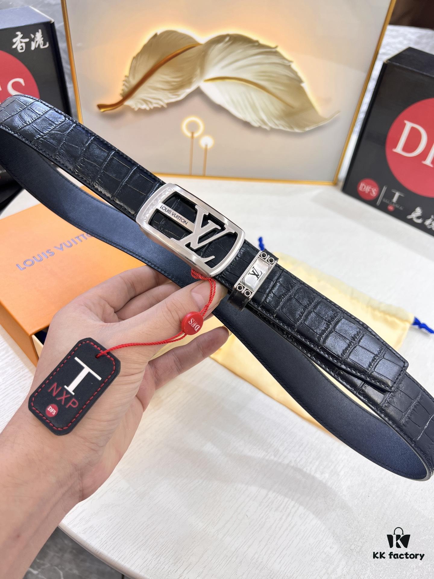 Louis Vuitton Automatic Buckle Belt, Genuine Crocodile-Textured Top-Layer Imported Leather, 3.5cm Width, Luxury Business Formal Belt with NXP Anti-Counterfeit Chip