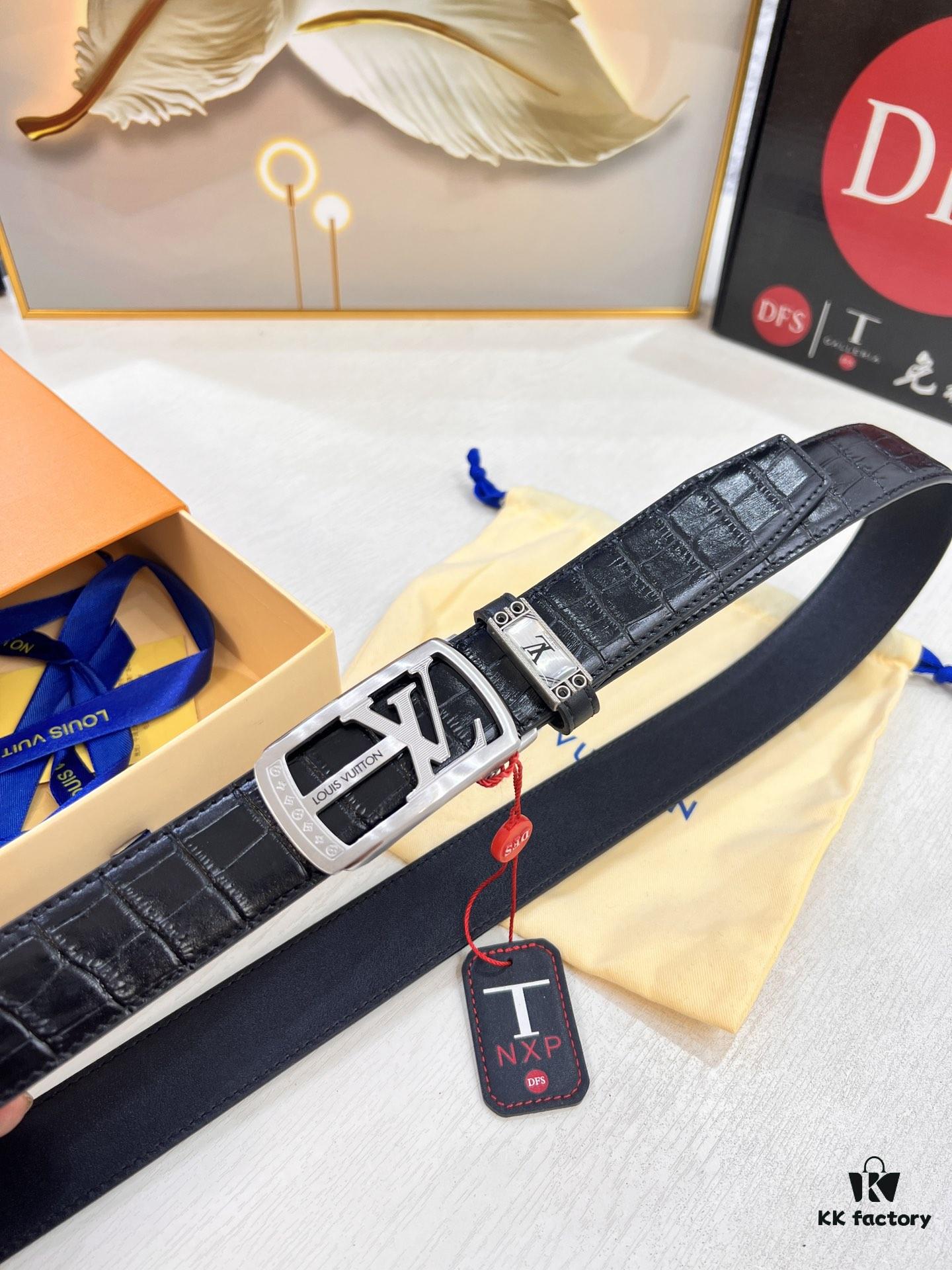 Louis Vuitton Automatic Buckle Belt, Genuine Crocodile-Textured Top-Layer Imported Leather, 3.5cm Width, Luxury Business Formal Belt with NXP Anti-Counterfeit Chip