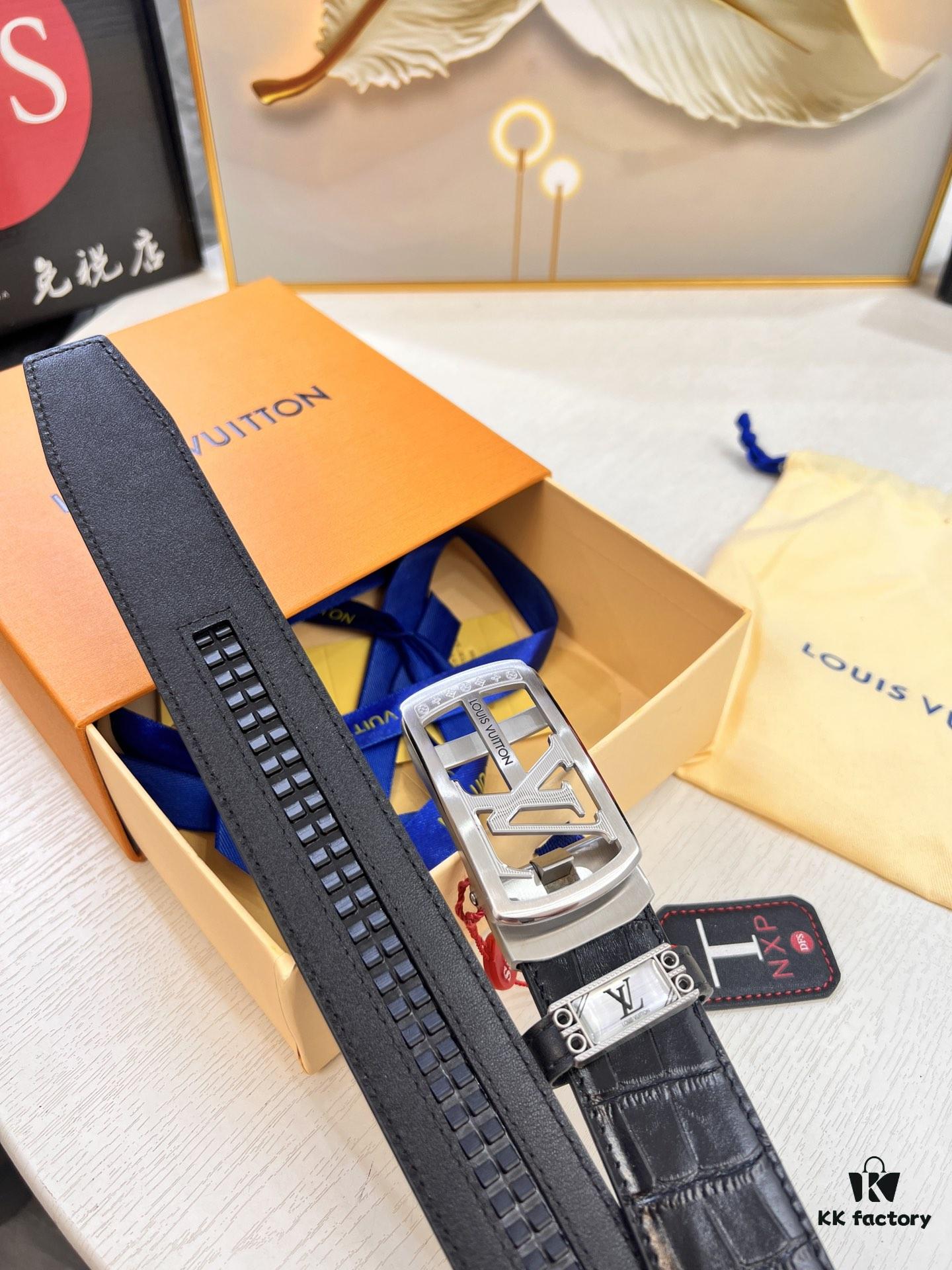 Louis Vuitton Automatic Buckle Belt, Genuine Crocodile-Textured Top-Layer Imported Leather, 3.5cm Width, Luxury Business Formal Belt with NXP Anti-Counterfeit Chip