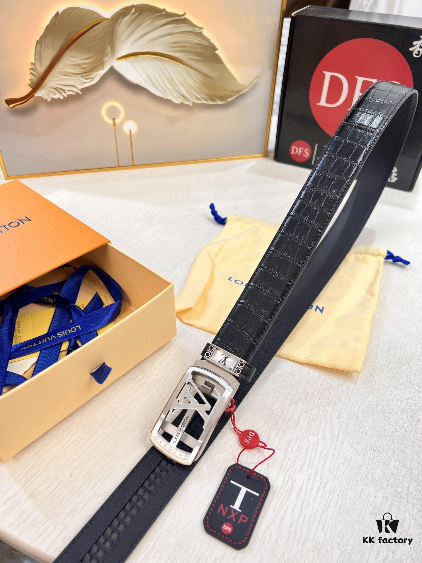 Louis Vuitton Automatic Buckle Belt, Genuine Crocodile-Textured Top-Layer Imported Leather, 3.5cm Width, Luxury Business Formal Belt with NXP Anti-Counterfeit Chip