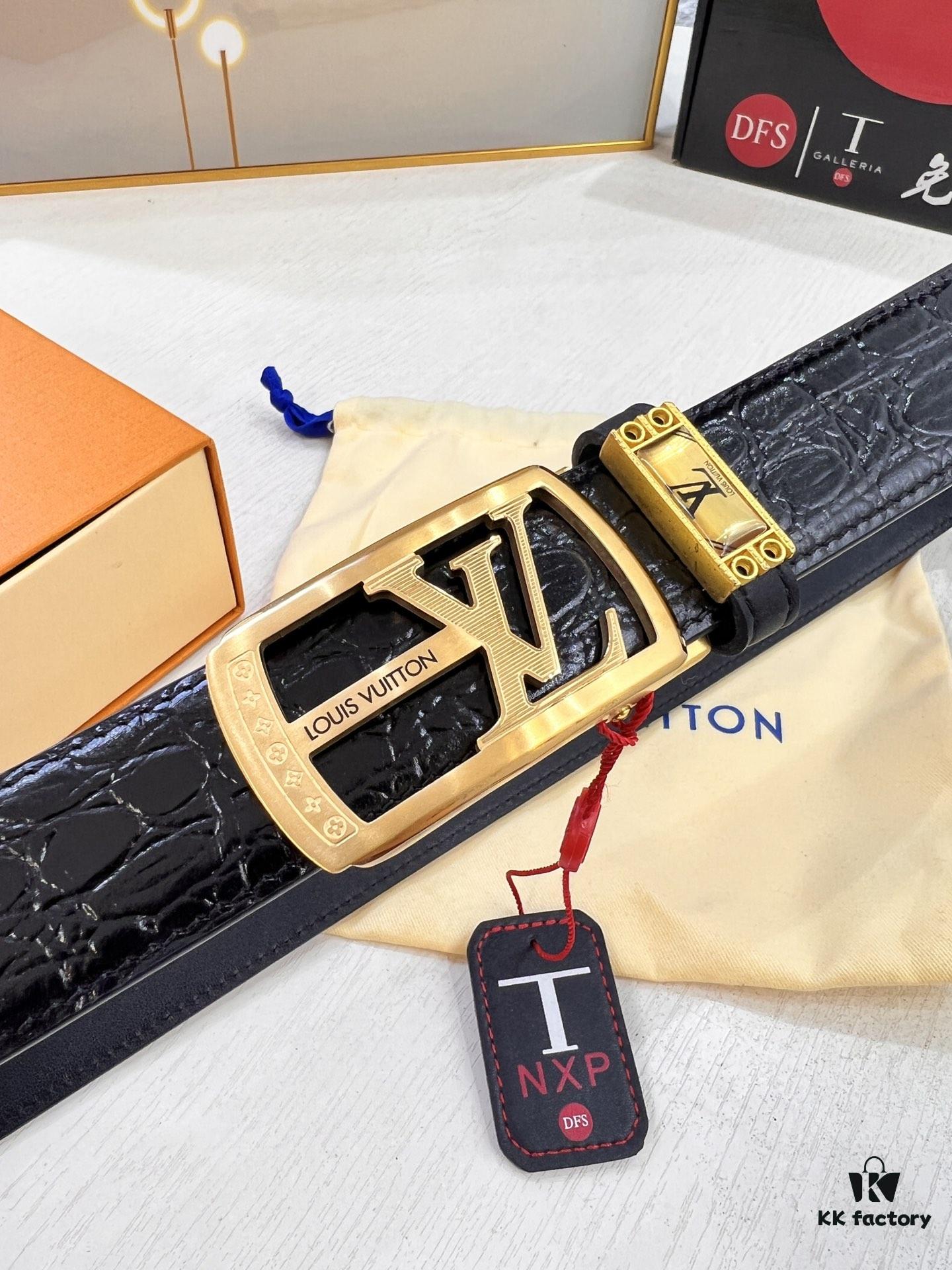 Louis Vuitton Automatic Buckle Belt, Genuine Cowhide with Crocodile Texture, 3.5cm Width, Top-Quality Business Formal Belt with NXP Anti-Counterfeit Chip