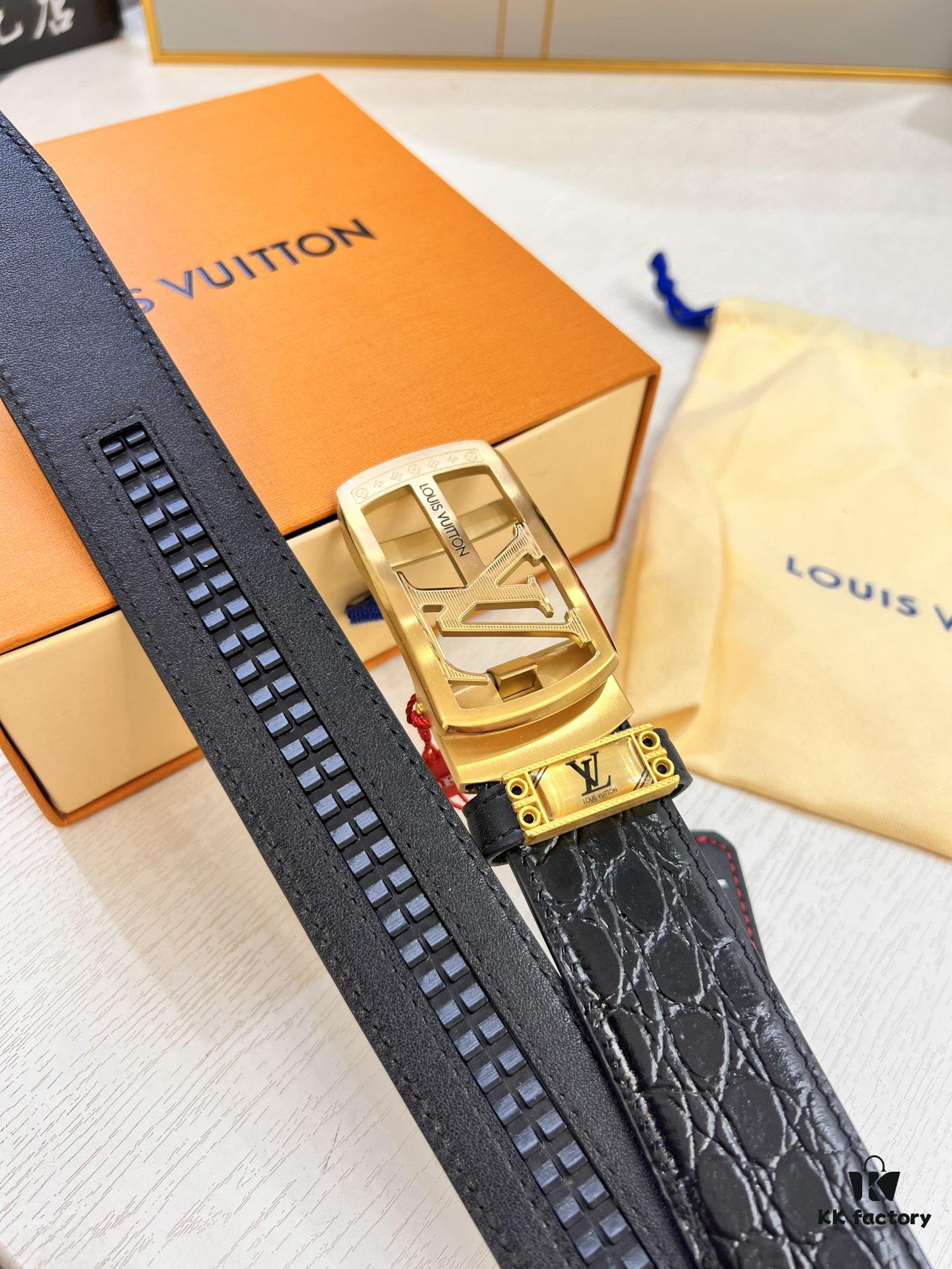 Louis Vuitton Automatic Buckle Belt, Genuine Cowhide with Crocodile Texture, 3.5cm Width, Top-Quality Business Formal Belt with NXP Anti-Counterfeit Chip