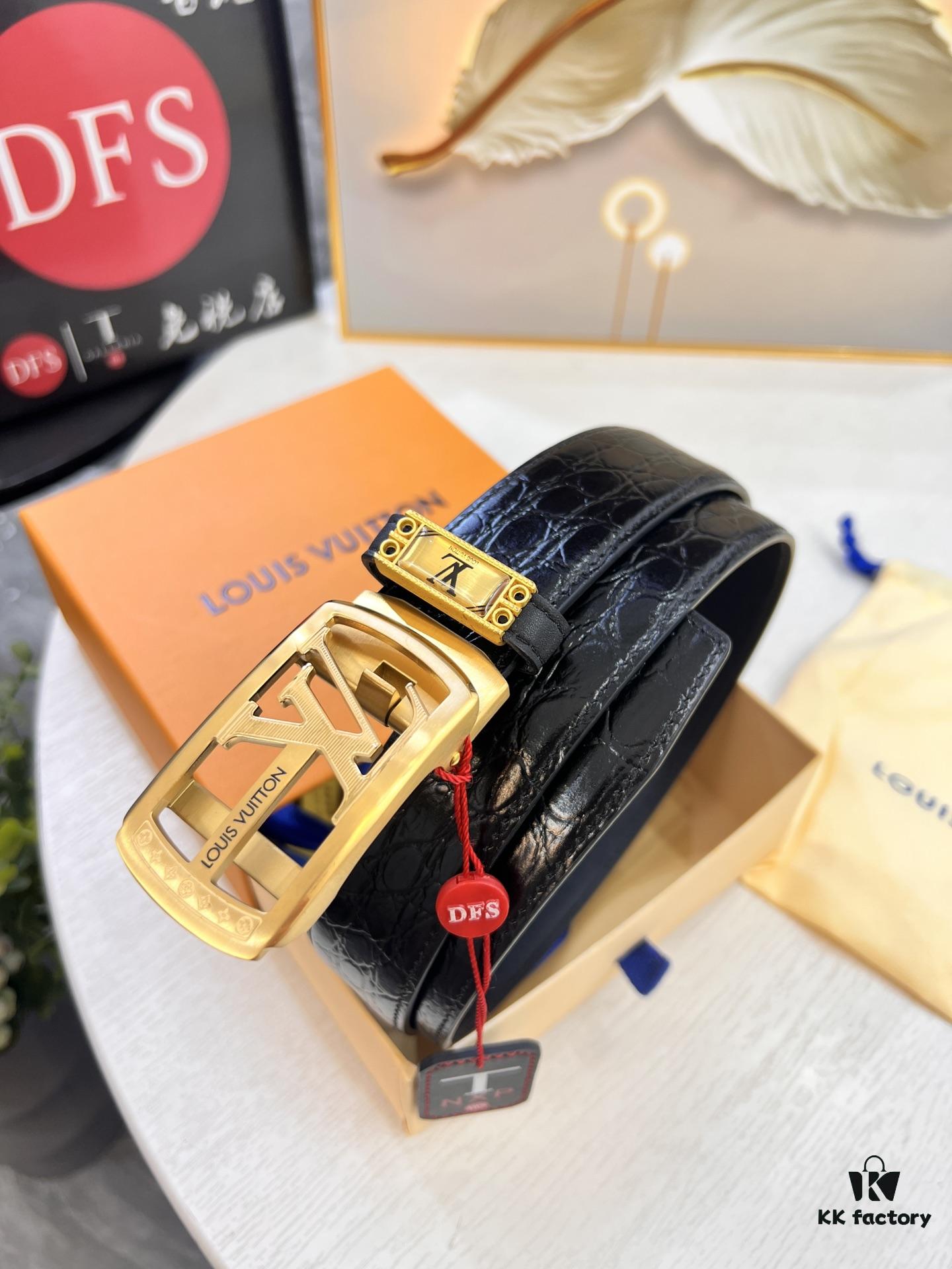 Louis Vuitton Automatic Buckle Belt, Genuine Cowhide with Crocodile Texture, 3.5cm Width, Top-Quality Business Formal Belt with NXP Anti-Counterfeit Chip