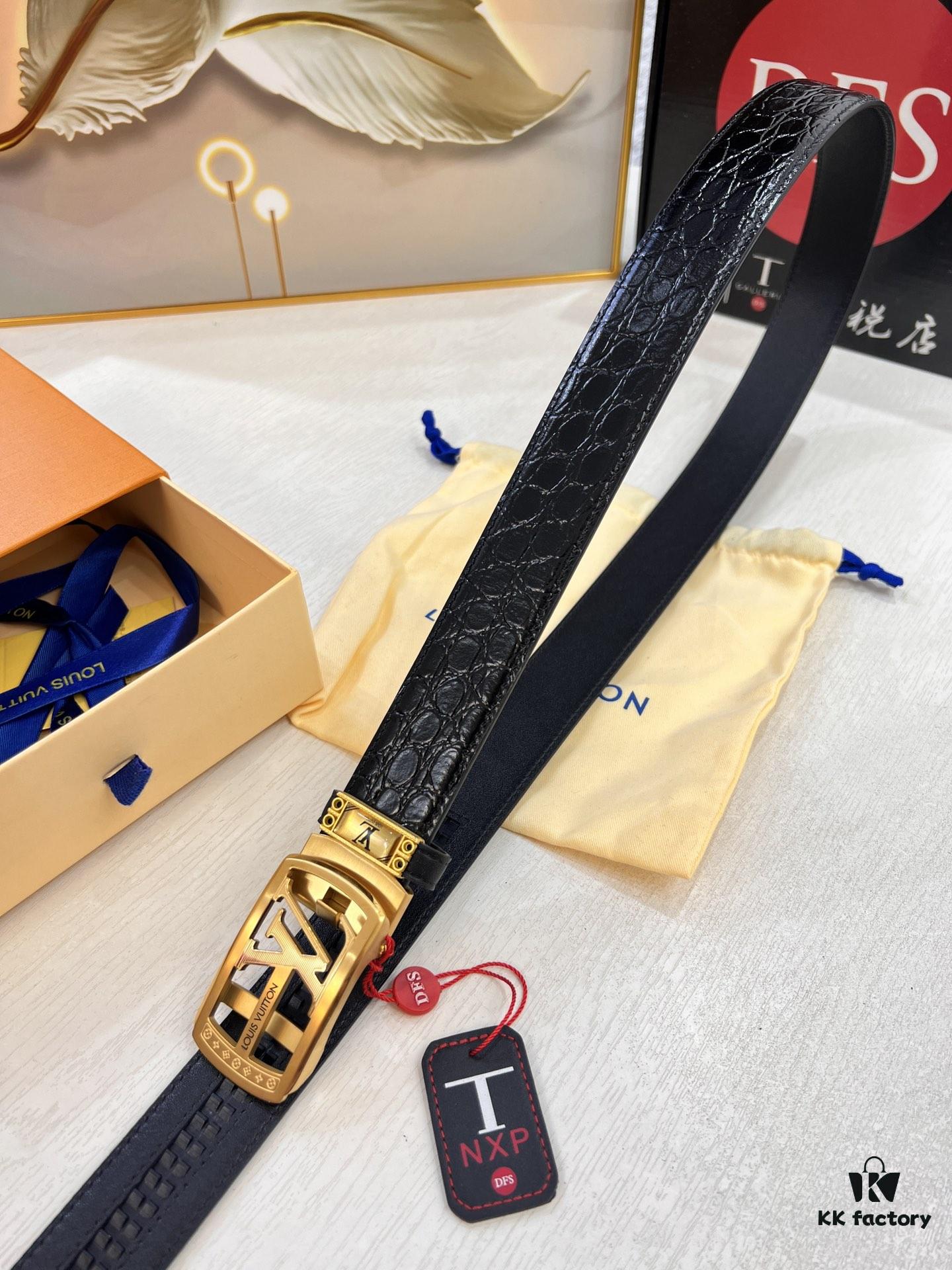 Louis Vuitton Automatic Buckle Belt, Genuine Cowhide with Crocodile Texture, 3.5cm Width, Top-Quality Business Formal Belt with NXP Anti-Counterfeit Chip