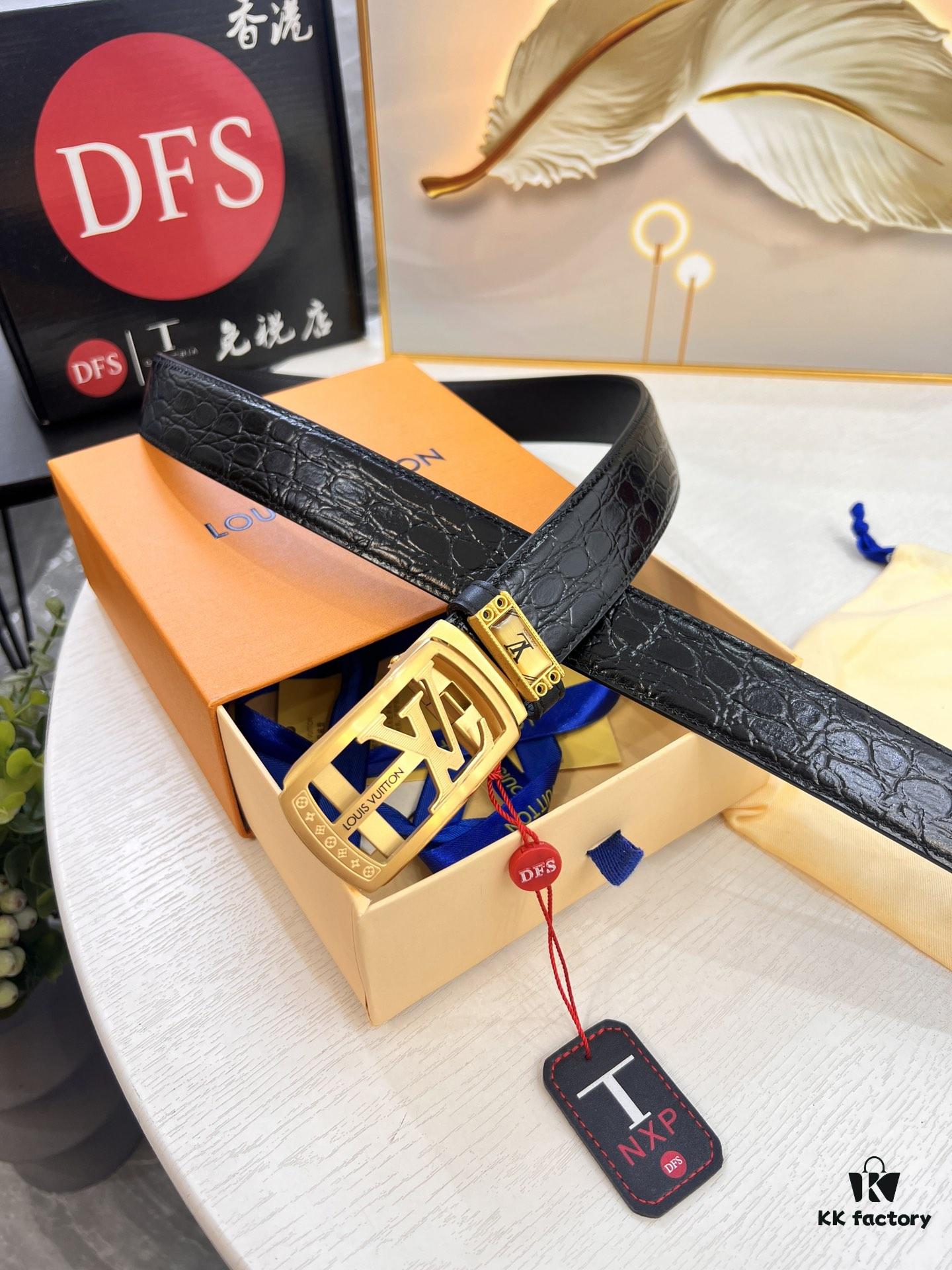 Louis Vuitton Automatic Buckle Belt, Genuine Cowhide with Crocodile Texture, 3.5cm Width, Top-Quality Business Formal Belt with NXP Anti-Counterfeit Chip