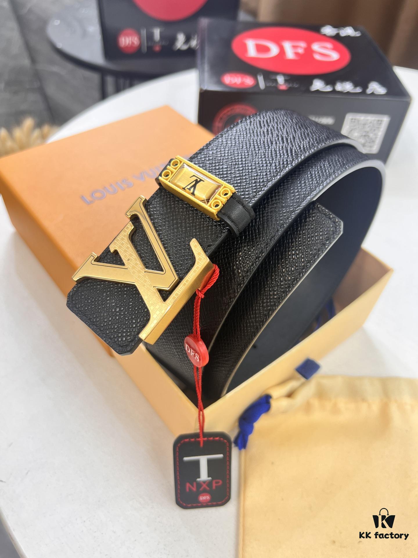 Top-Tier Louis Vuitton LV Belt, Authentic Stainless Steel Hardware, French Box Calf Leather with Palm Texture, 3.8cm Width