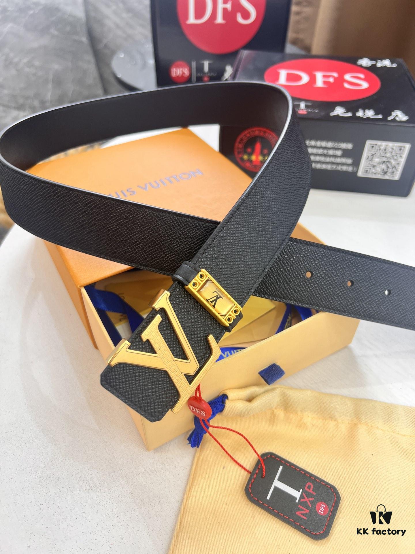 Top-Tier Louis Vuitton LV Belt, Authentic Stainless Steel Hardware, French Box Calf Leather with Palm Texture, 3.8cm Width