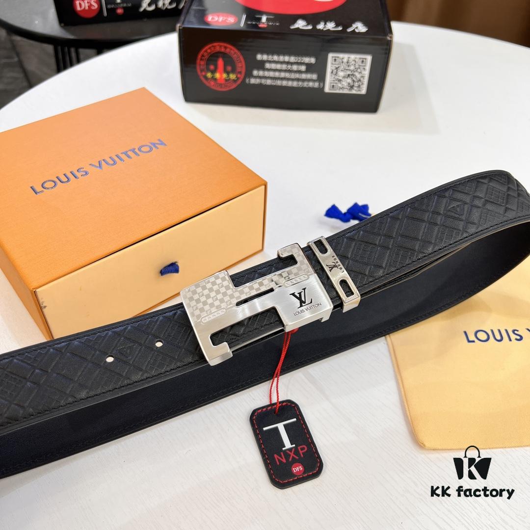 Top-Tier LV Louis Vuitton Belt - Genuine Mold L Letter Polished Stainless Steel Hardware, Inner Buckle Design, 3.8cm Width, French Imported Embossed Cowhide Leather, Hong Kong Duty-Free Premium Gift Box (NXP RFID Tag Verifiable on Official Website, Authentic Anti-Counterfeit Chip)