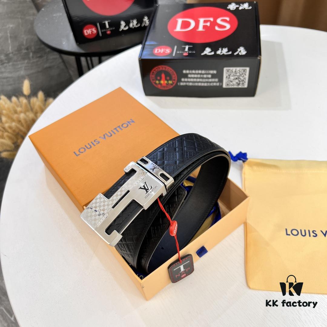 Top-Tier LV Louis Vuitton Belt - Genuine Mold L Letter Polished Stainless Steel Hardware, Inner Buckle Design, 3.8cm Width, French Imported Embossed Cowhide Leather, Hong Kong Duty-Free Premium Gift Box (NXP RFID Tag Verifiable on Official Website, Authentic Anti-Counterfeit Chip)