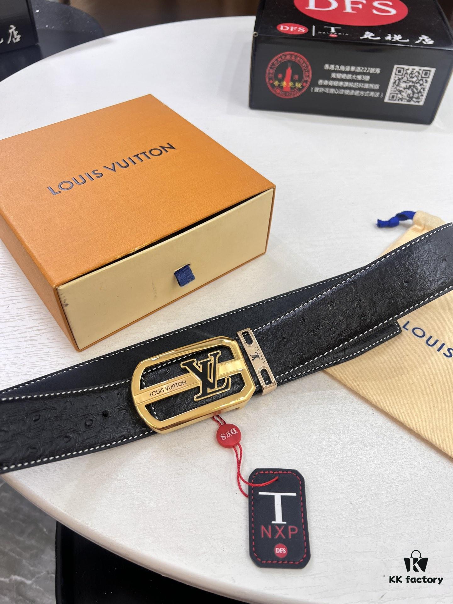 Top-Tier Louis Vuitton LV Belt, Genuine Crocodile-Ostrich Grain Top Layer Calfskin, 3.8cm Width, Precision Molded L-Shaped Beveled Stainless Steel Hardware, Includes Original Hong Kong Duty-Free T-Gift Box (NXP RFID Tag Verifiable on Official Website)