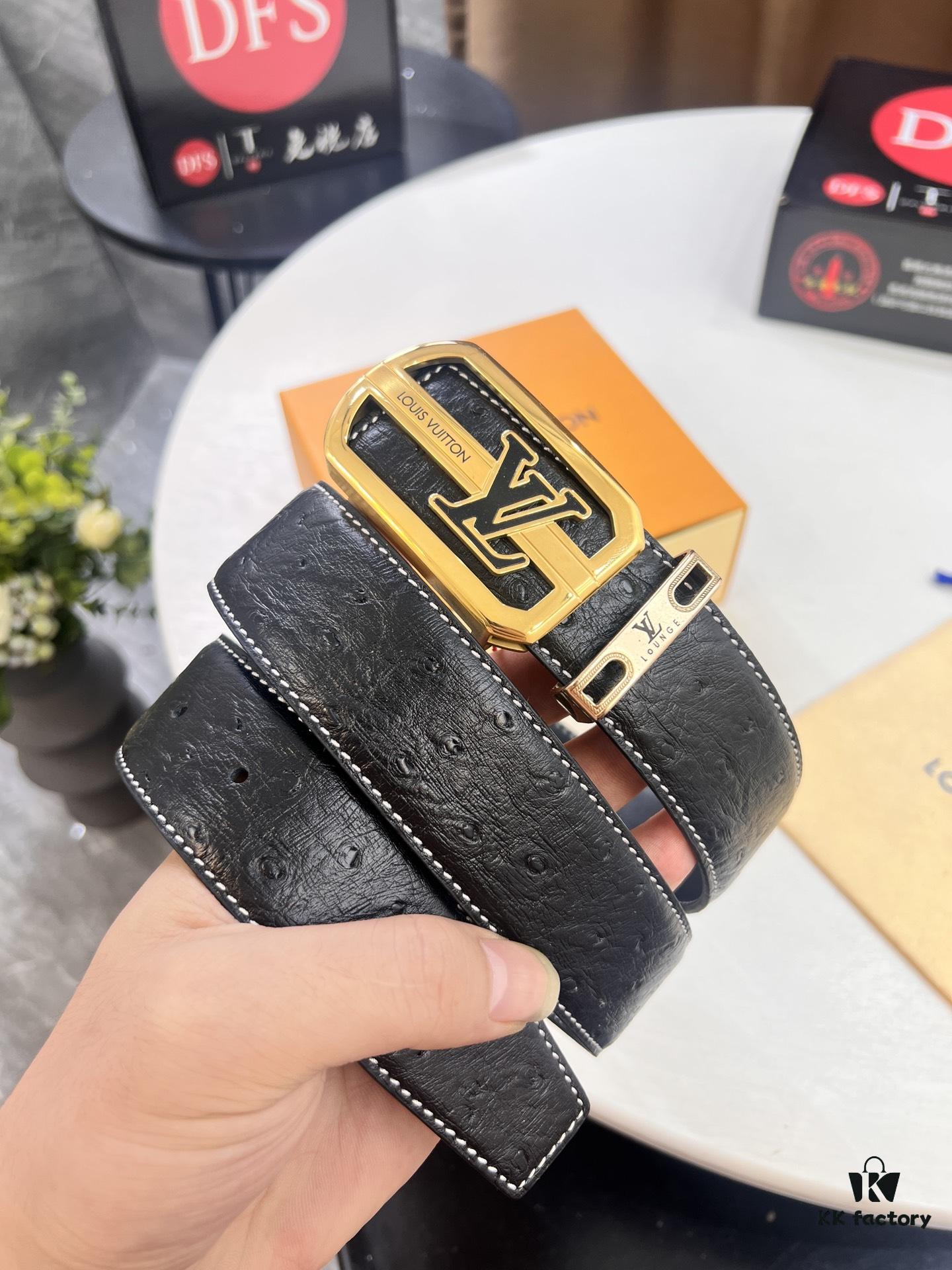 Top-Tier Louis Vuitton LV Belt, Genuine Crocodile-Ostrich Grain Top Layer Calfskin, 3.8cm Width, Precision Molded L-Shaped Beveled Stainless Steel Hardware, Includes Original Hong Kong Duty-Free T-Gift Box (NXP RFID Tag Verifiable on Official Website)