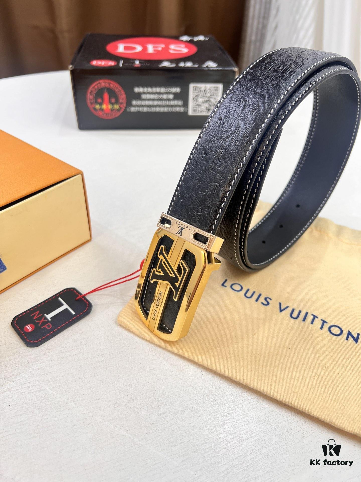 Top-Tier Louis Vuitton LV Belt, Genuine Crocodile-Ostrich Grain Top Layer Calfskin, 3.8cm Width, Precision Molded L-Shaped Beveled Stainless Steel Hardware, Includes Original Hong Kong Duty-Free T-Gift Box (NXP RFID Tag Verifiable on Official Website)