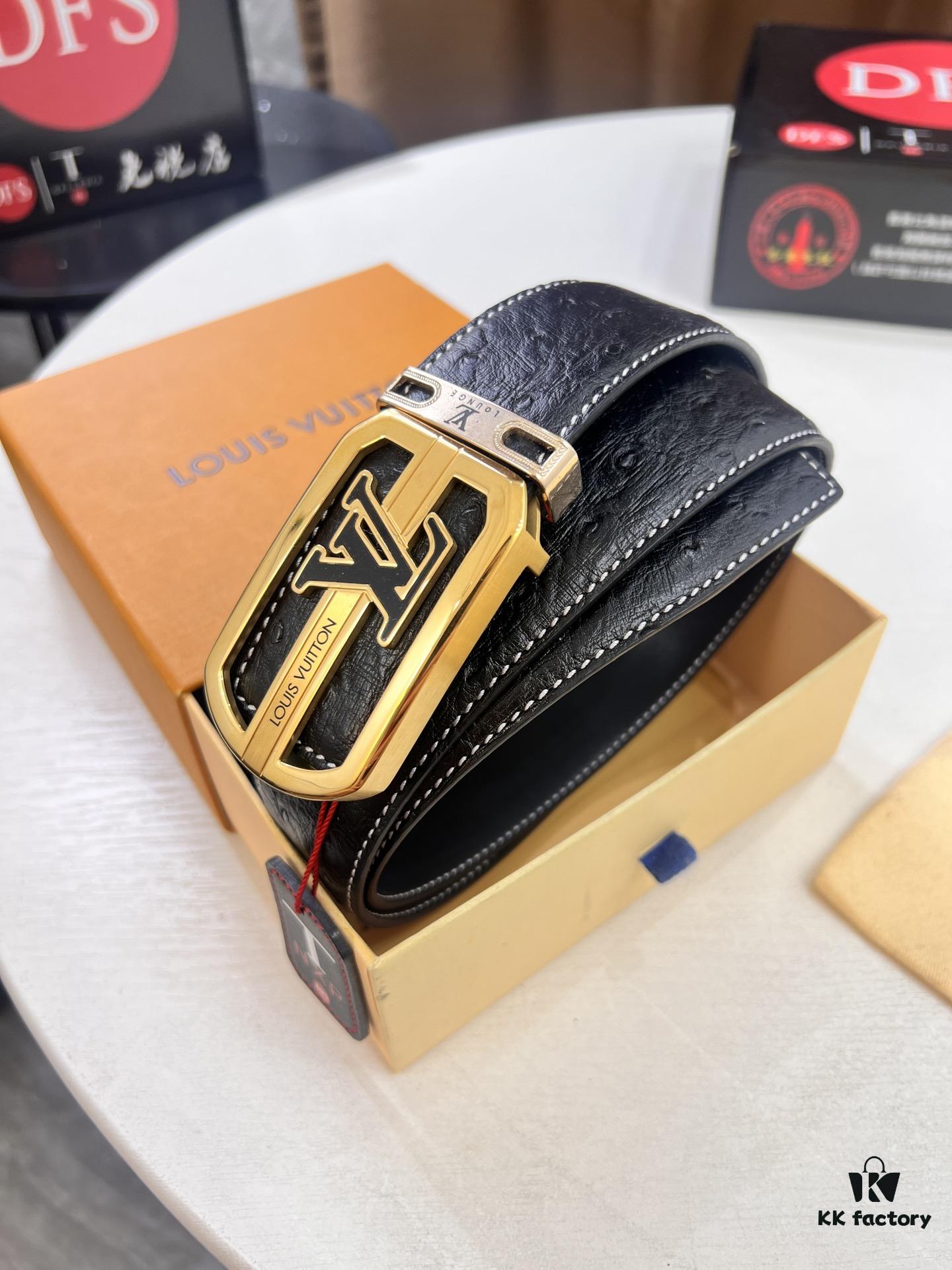 Top-Tier Louis Vuitton LV Belt, Genuine Crocodile-Ostrich Grain Top Layer Calfskin, 3.8cm Width, Precision Molded L-Shaped Beveled Stainless Steel Hardware, Includes Original Hong Kong Duty-Free T-Gift Box (NXP RFID Tag Verifiable on Official Website)