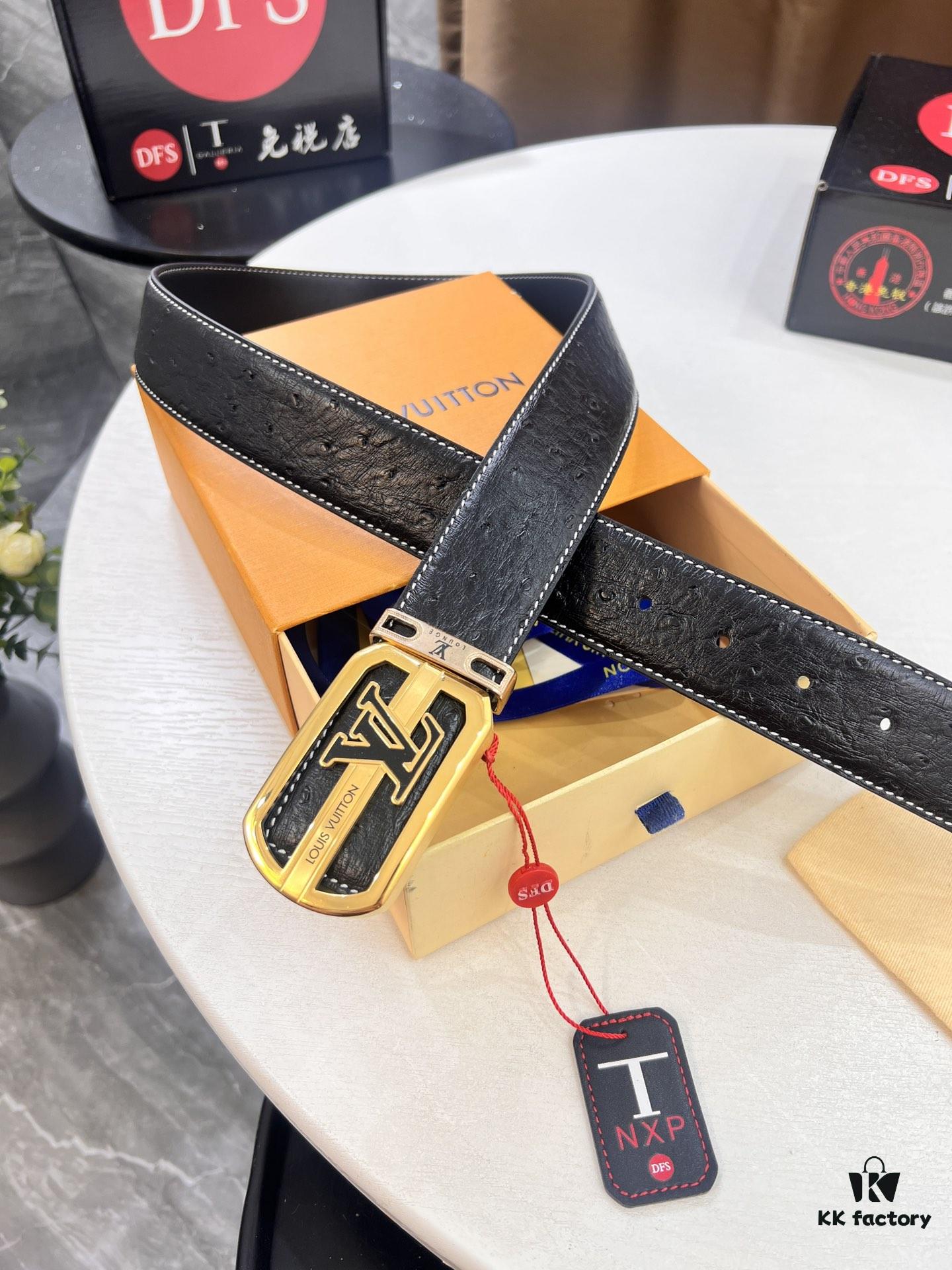 Top-Tier Louis Vuitton LV Belt, Genuine Crocodile-Ostrich Grain Top Layer Calfskin, 3.8cm Width, Precision Molded L-Shaped Beveled Stainless Steel Hardware, Includes Original Hong Kong Duty-Free T-Gift Box (NXP RFID Tag Verifiable on Official Website)